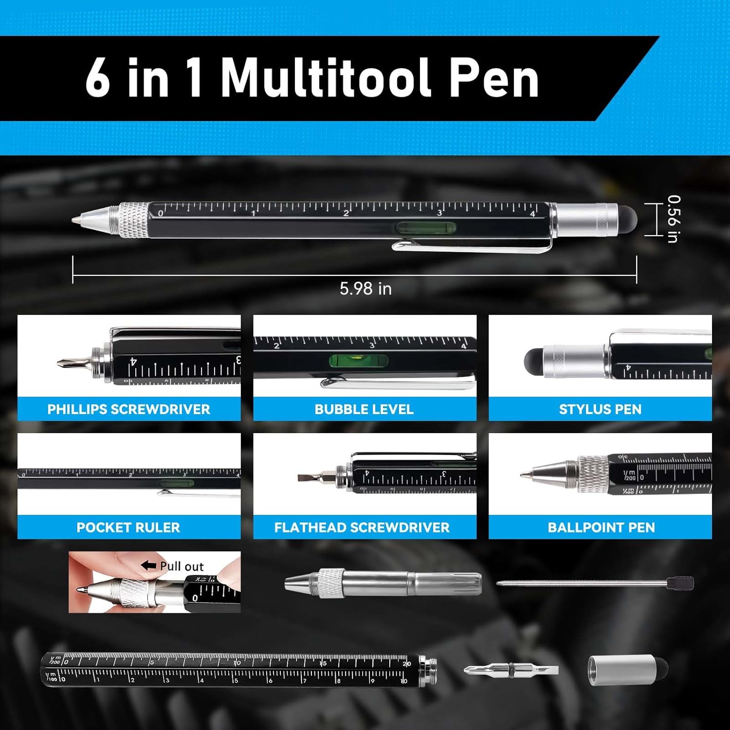 Magnet Pickup Tool with Telescoping Magnetic Flashlight and 6 in 1 Multitool Pen with Rulers, Bubble Level, Screwdrivers, Ballpoint, Christmas Stocking Stuffers for Men Adults, Birthday Gifts for Him