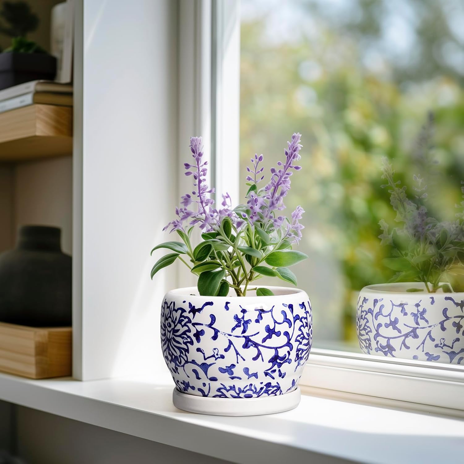 SQOWL 6 Inch Planter - Ceramic Plant Pots Indoor with Drainage Hole and Saucer, Round Ceramic Flower Pot Outdoor, Porcelain Decorative Planter, Backyard Decor, Gifts for Plant Lovers, Blue and White