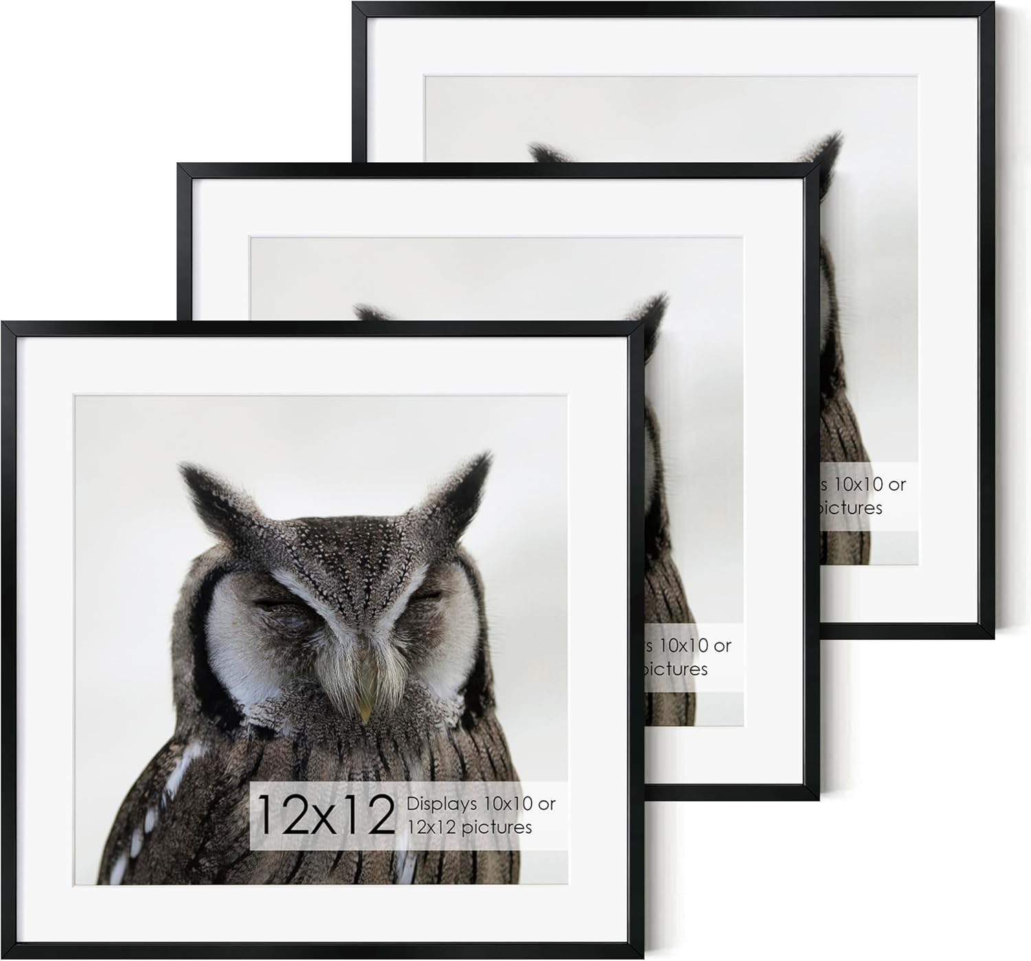 12x12 Metal Picture Frame with 10x10 Mat, Brushed Aluminum Finish, Attached Hanging Hardware, and Tempered Glass Front - Versatile Vertical or Horizontal Wall Display Frames(Black, Pack of 3)