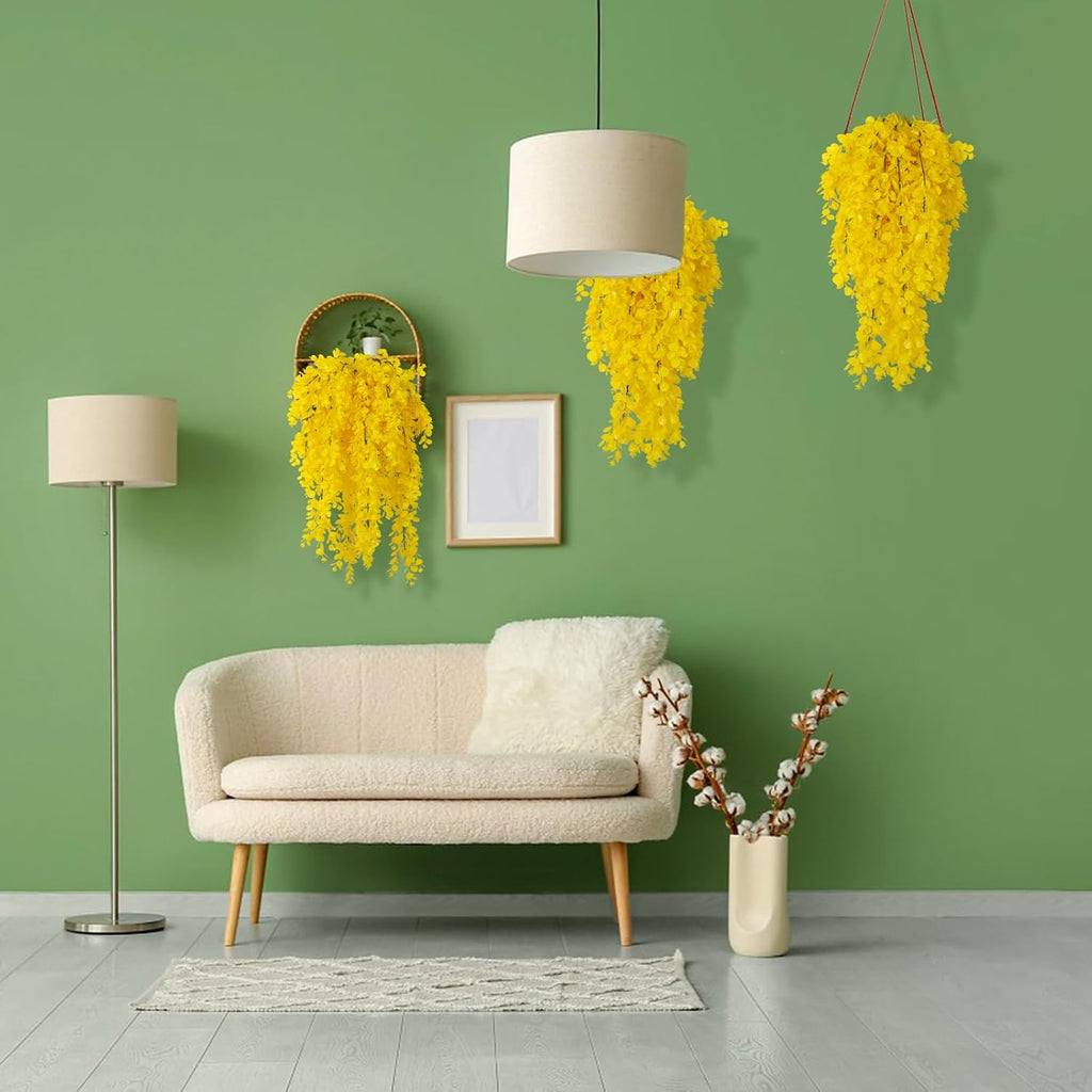 RECUTMS 4 Pack Artificial Hanging Plants Fake Eucalyptus Leaf Greenery Vine Plant UV Resistant Plastic Wall Decor for Ivy Patio Office Shelf Wedding (Pure Yellow)