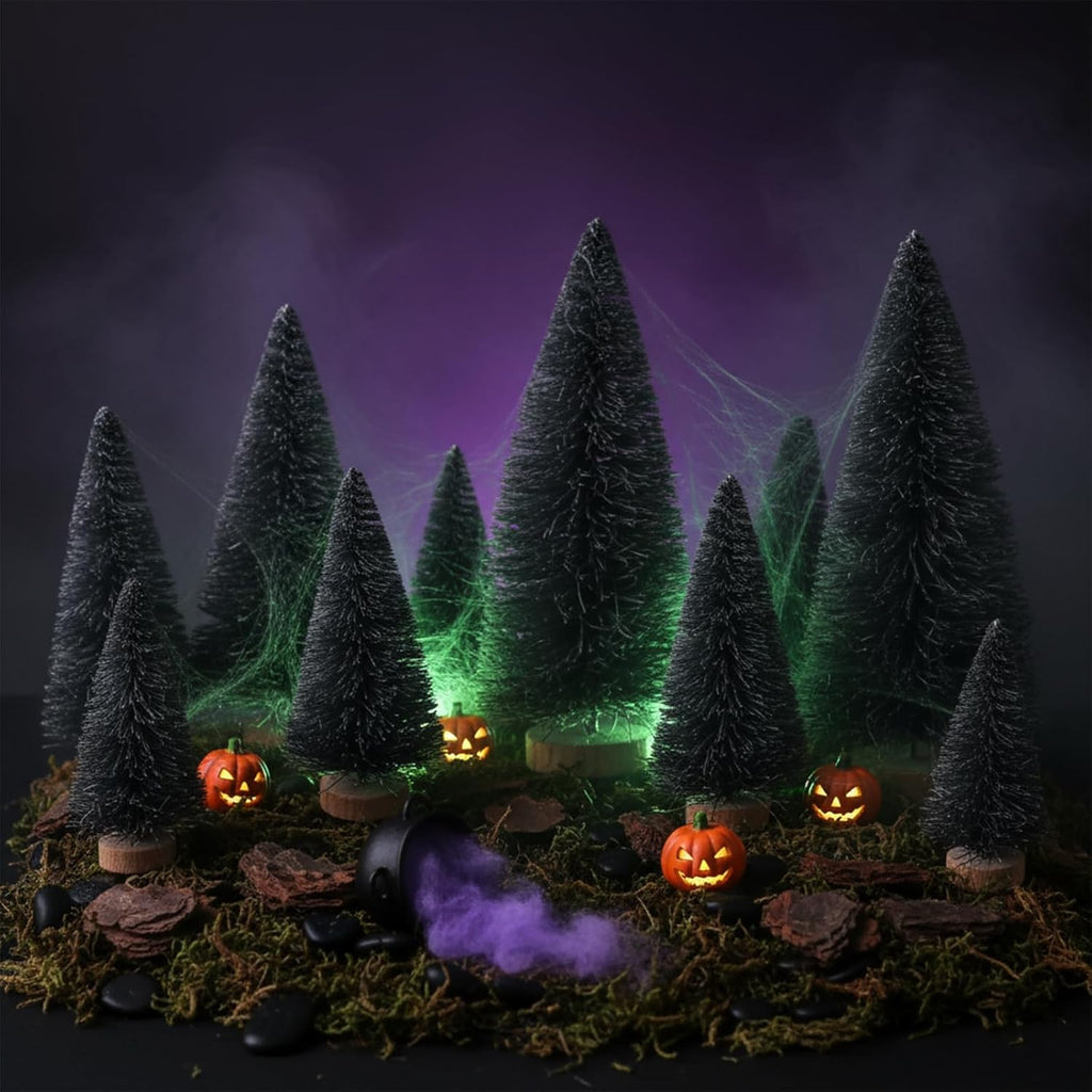 LUOZZY 12pcs Artificial Pine Trees Model Halloween Village Accessories Fake Mini Black Plant Trees Halloween Haunted House Decoration, 4.5CM+6.5CM+8.5CM