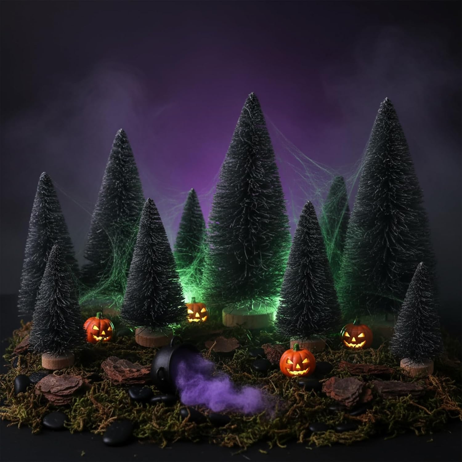 LUOZZY 12pcs Artificial Pine Trees Model Halloween Village Accessories Fake Mini Black Plant Trees Halloween Haunted House Decoration, 4.5CM+6.5CM+8.5CM