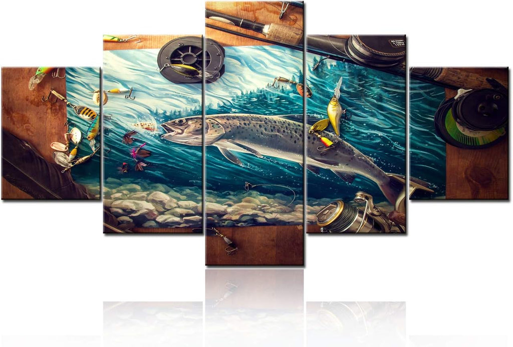TUMOVO 5 Piece Wall Art Fishing Accessories Pictures Fish Hook Paintings for Living Room Ocean Wave Artwork Printed on Canvas Home Modern Decor Giclee Framed Stretched Ready to Hang (60”X32”)