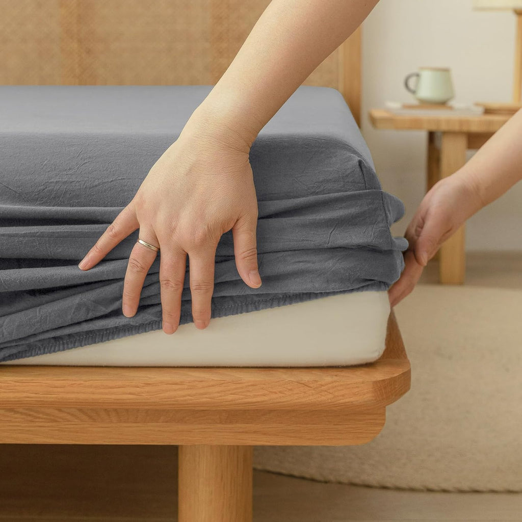 BESTOUCH Sheet Set 100% Washed Cotton Linen Feel Super Soft Comfortable Chic Lightweight 4 Pcs Home Bedding Set Solid Quiet Shade Grey Queen