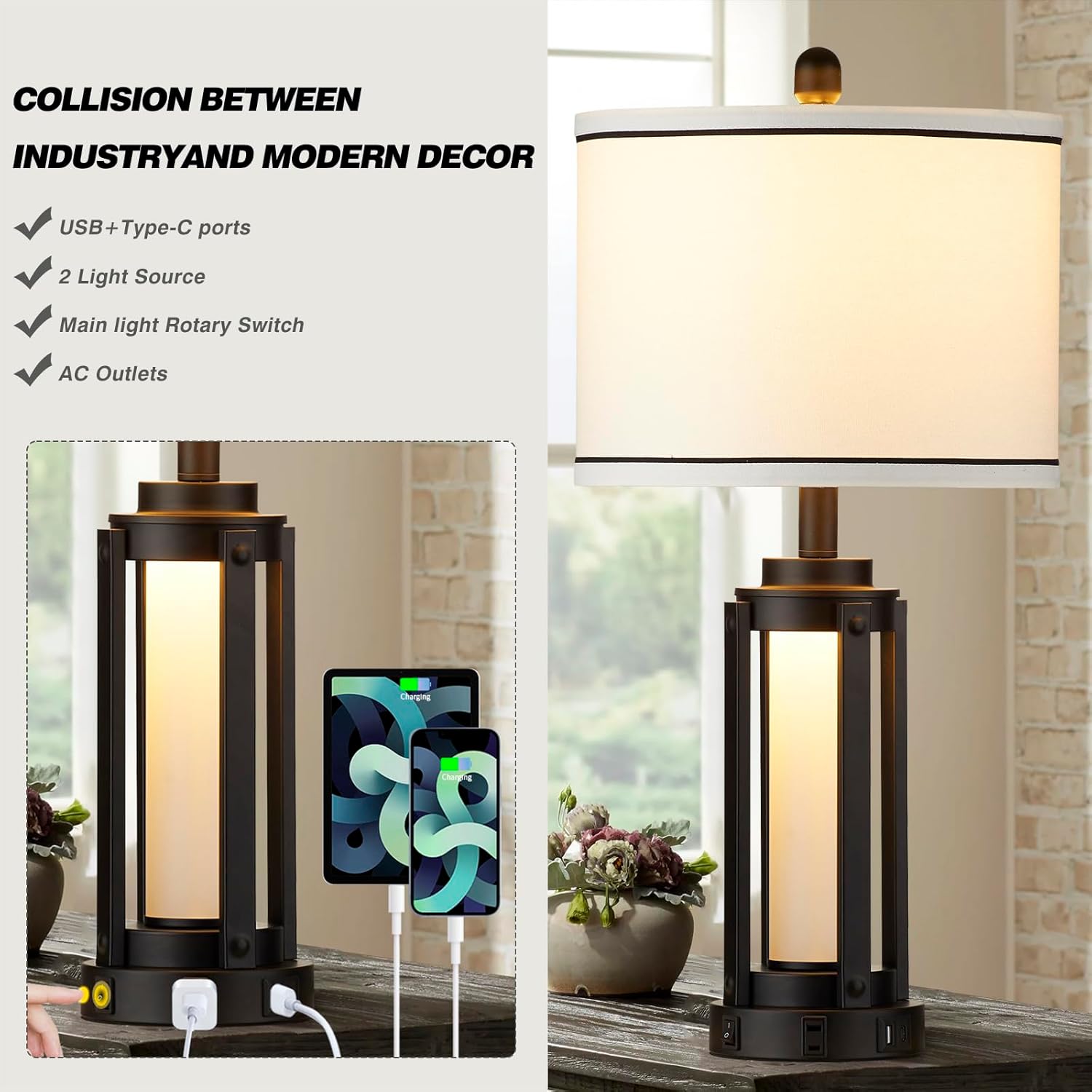 Industrial Table Lamps Set of 2, Modern Beside Lamp with USB A+C Charging Ports & AC Outlet, Rustic Nightstand Lamp with LED Night Light for Living Room Bedroom End Table Entryway Black Bulbs Included