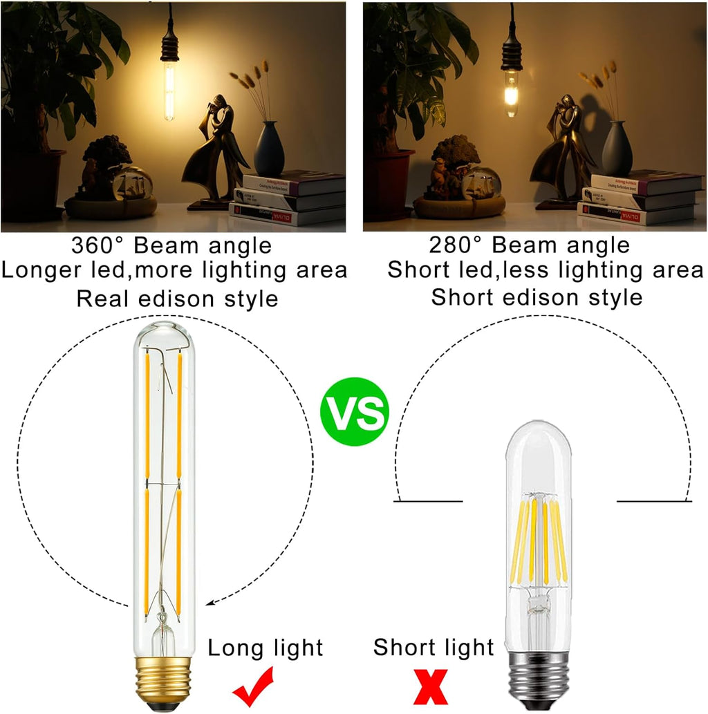 Arberlic 7.3 Inch T10 LED Bulb,6W Tubular Light Bulb Equivalent E26 led Bulb 60 watt dimmable,Warm White 2700K,600lm,CRI85+,AC120V,Clear Glass Long E26 Edison Bulb,Flicker-Free,Pack of 6