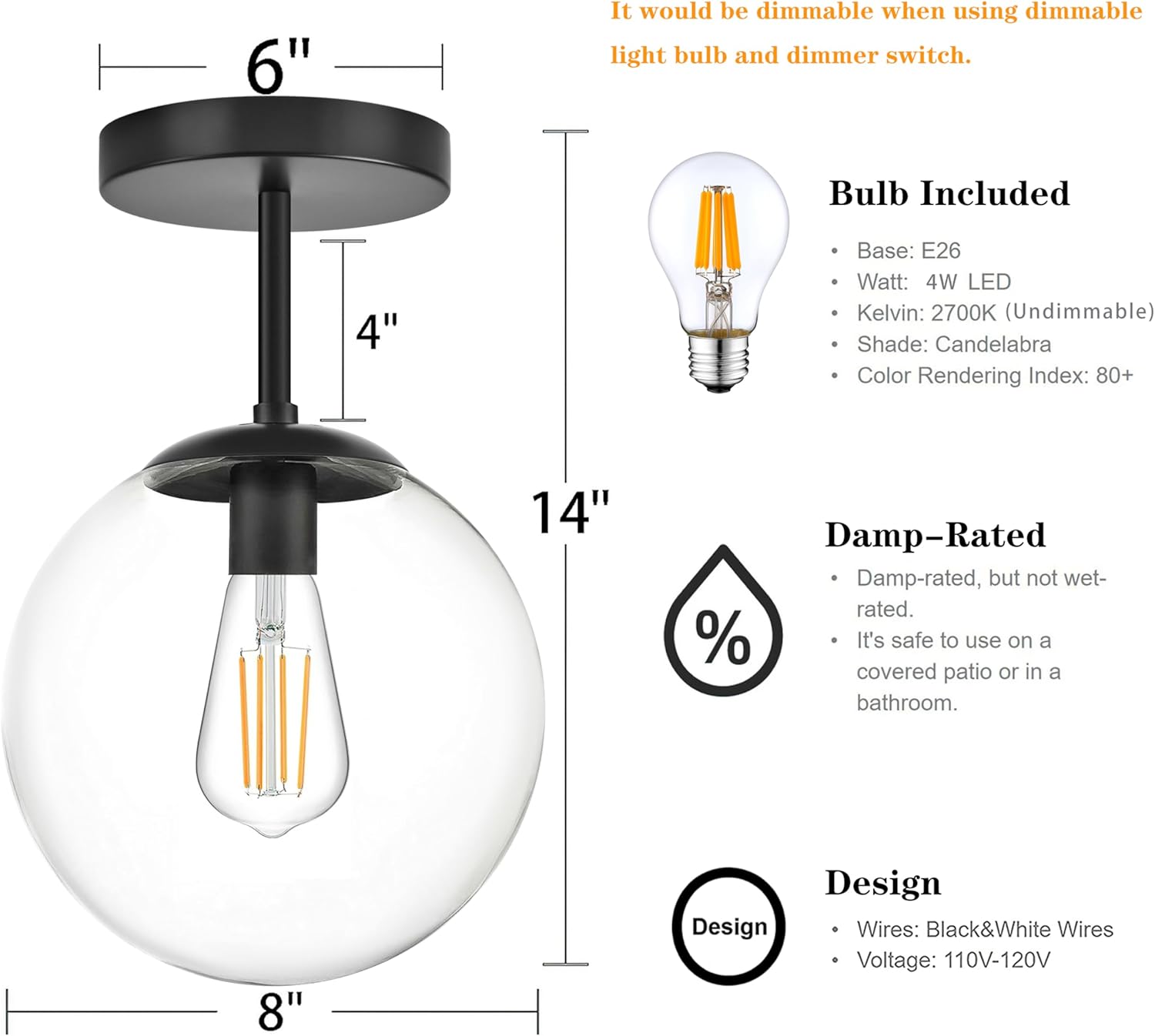 Globe Semi Flush Mount Ceiling Light Clear Glass Globe Ceiling Light Matte Black Finish Contemporary Mid Century Modern Style Lighting Fixture Hallway Living Room Kitchen Bedroom Storage (Bulb Incl.)