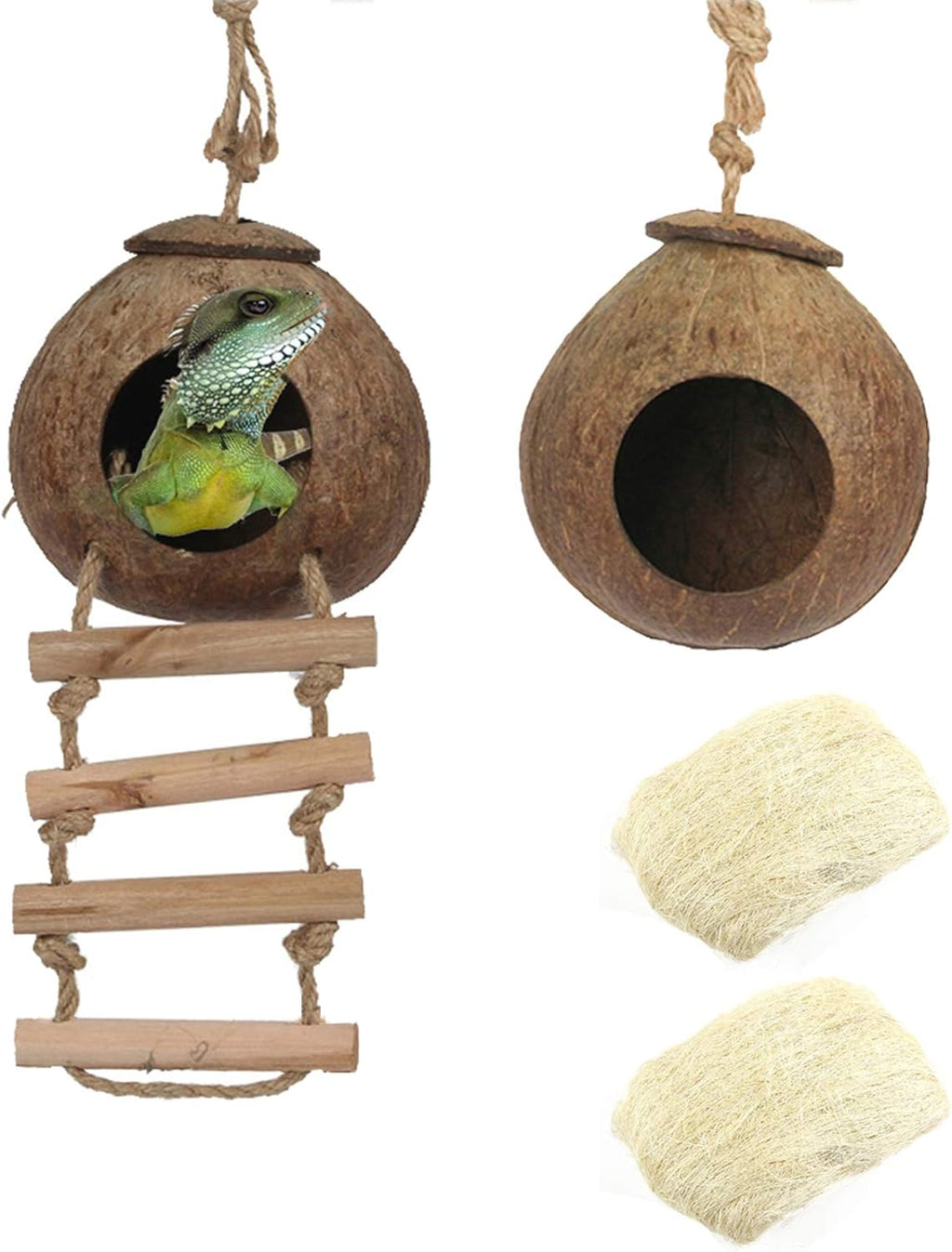 Hamiledyi Lizard Coco Den Reptile Hideouts Gecko Coconut Shell Hut Coconut hut for Geckos Bearded Dragon Tank Accessories Coconut Lizard Hut with Ladder - Natural Coconut Fiber