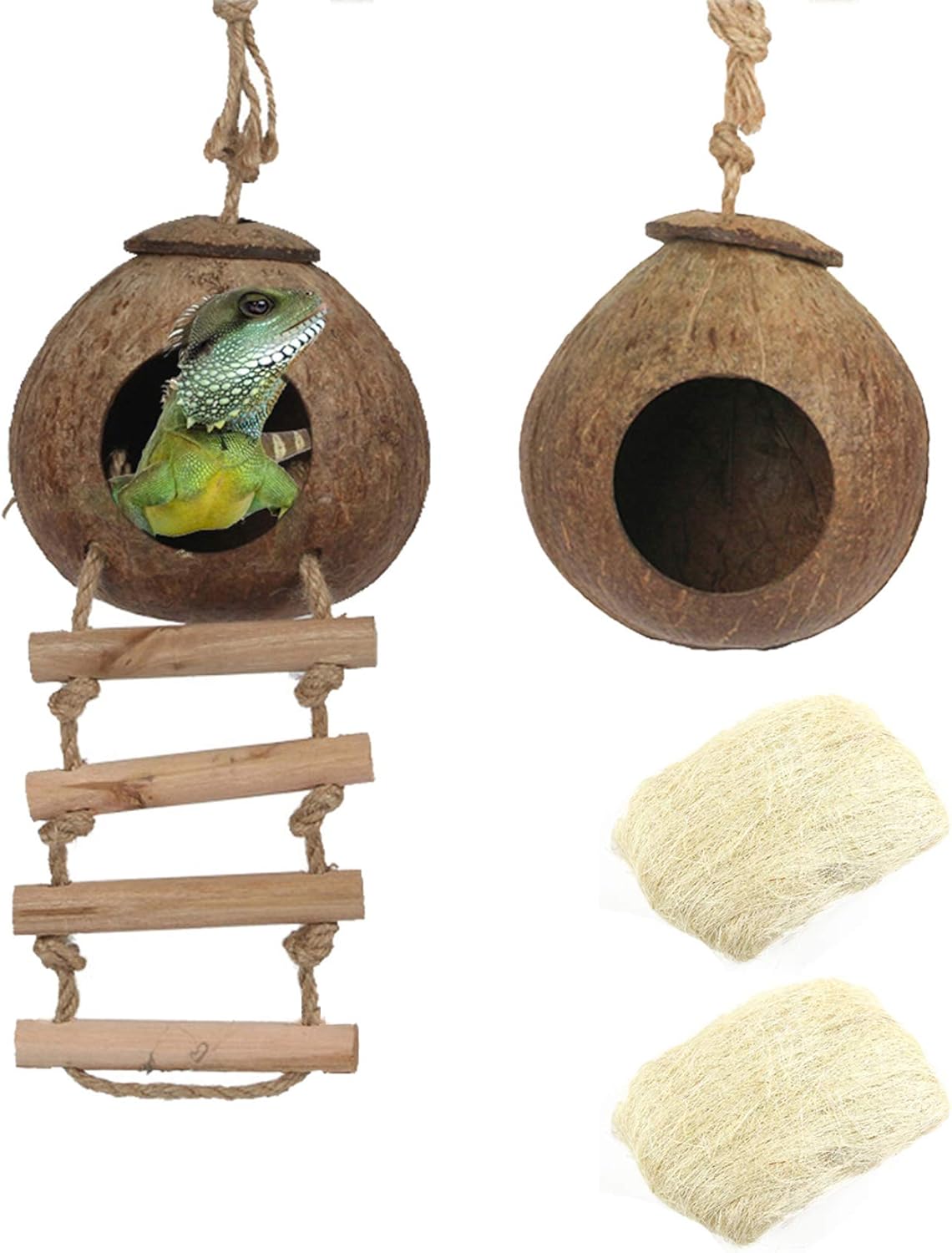 Hamiledyi Lizard Coco Den Reptile Hideouts Gecko Coconut Shell Hut Coconut hut for Geckos Bearded Dragon Tank Accessories Coconut Lizard Hut with Ladder - Natural Coconut Fiber