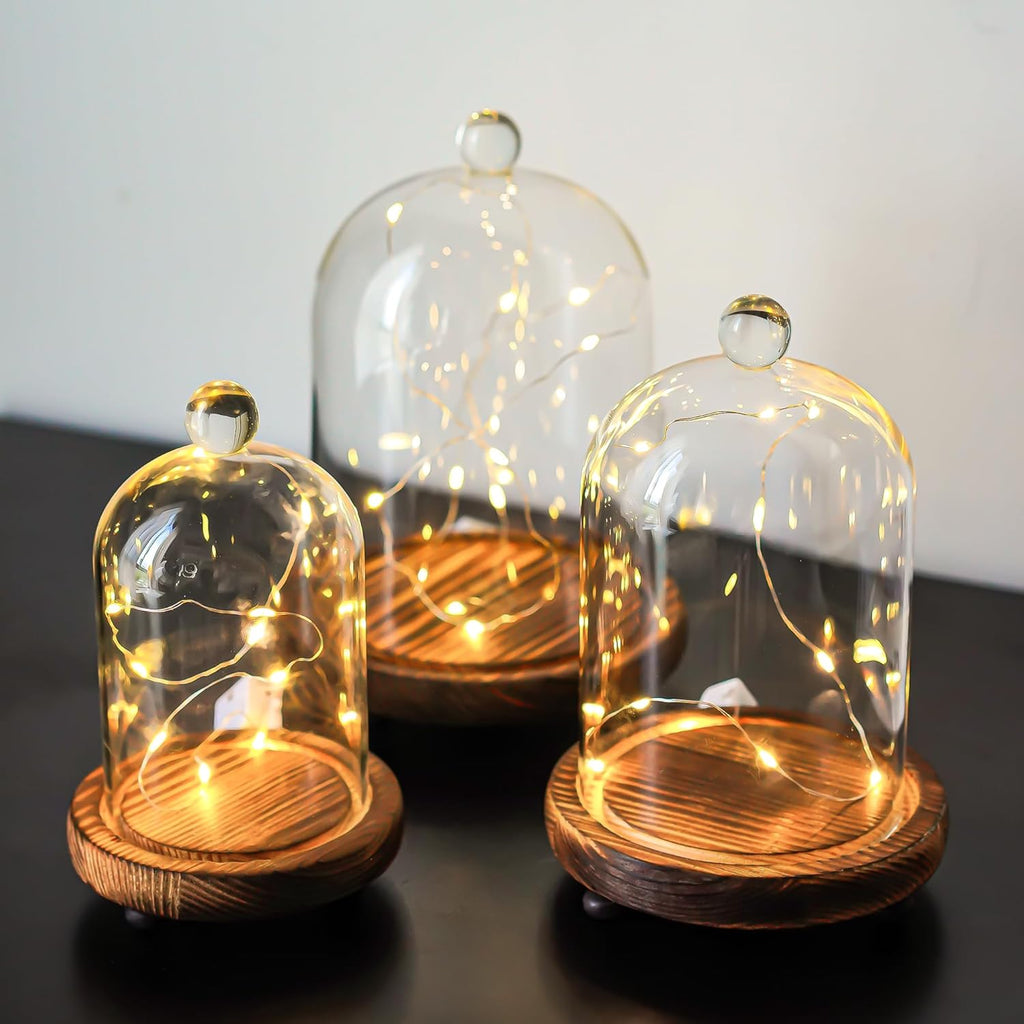 ZEERSHEE Set of 3 Glass Bell Shape Dome with Wooden Base(4.5''/3.7''/3''), Clear Decorative Glass Dustproof Dome with Handle for Home Party Wedding Decor