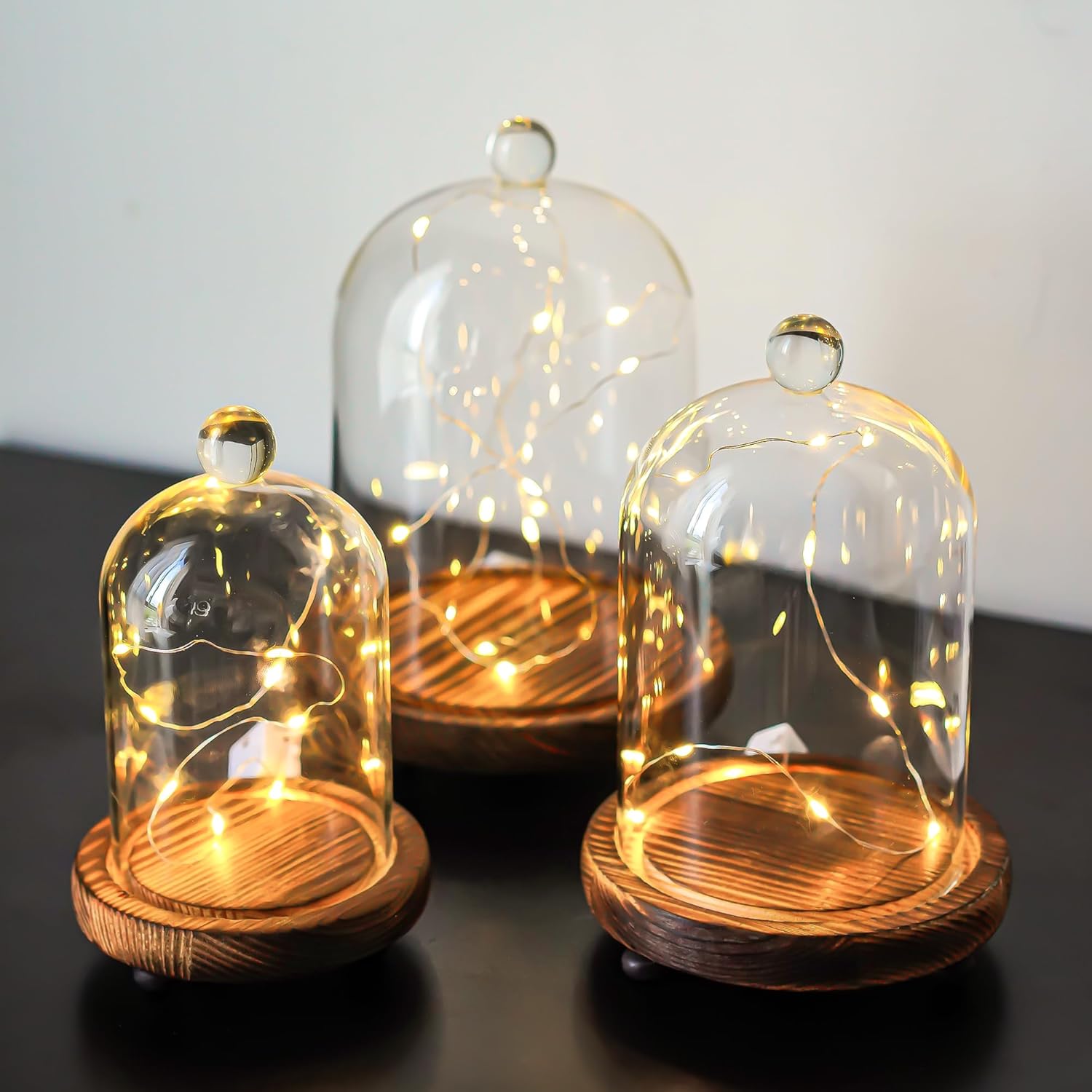 ZEERSHEE Set of 3 Glass Bell Shape Dome with Wooden Base(4.5''/3.7''/3''), Clear Decorative Glass Dustproof Dome with Handle for Home Party Wedding Decor