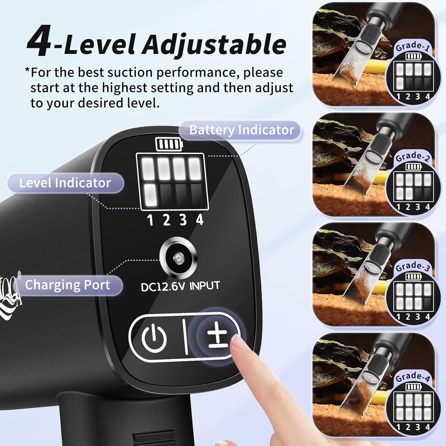 AQQA Aquarium Vacuum Gravel Cleaner 20W Electric Rechargeable Fish Tank Cleaner Tools for Automatic Water Changing, Debris Clean& Sand Washing, Strong Suction with 4-Speed Adjustable (20W, 480GPH)