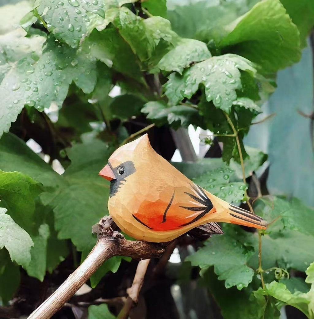 Handmade Wooden Northern Cardinal Figurines Set, Hand-Painted Female Cardinal Birds, Decorative Wood Bird Sculptures for Home Décor,Christmas Ornaments & Unique Gift for Bird Lovers