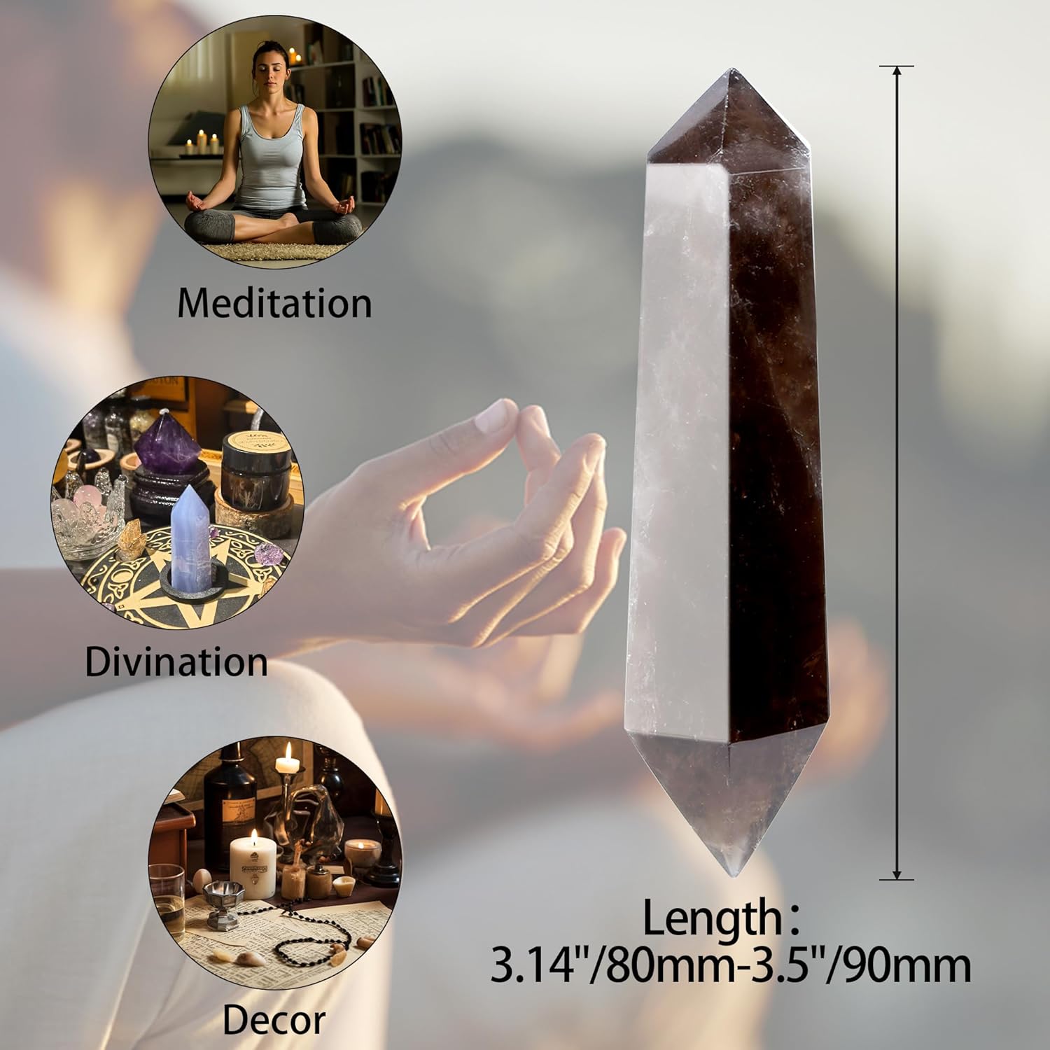 YATOJUZI 3.5" Healing Crystals Wand Smoky Quartz Hexagonal Crystal Points Natural Crystals and Healing Stones Large for Meditation Divination Reiki Energy Balancing 1PCS