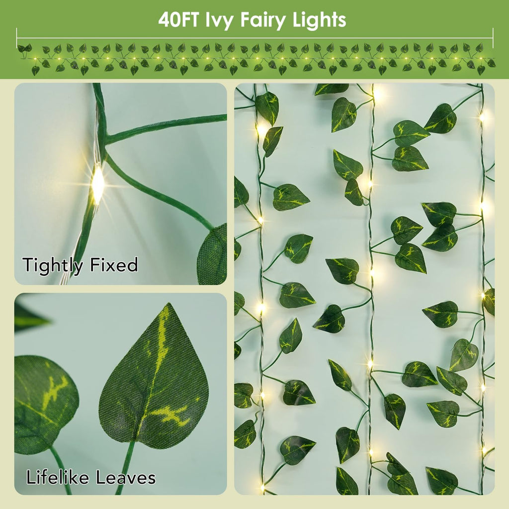 OMIKA Vine with Fairy Lights Battery Operated, 40FT 120LED Pothos String Lights with Remote, Pothos Leaf Lights for Bedroom, Wall, Garden, Party, Wedding Decor(Warm White)