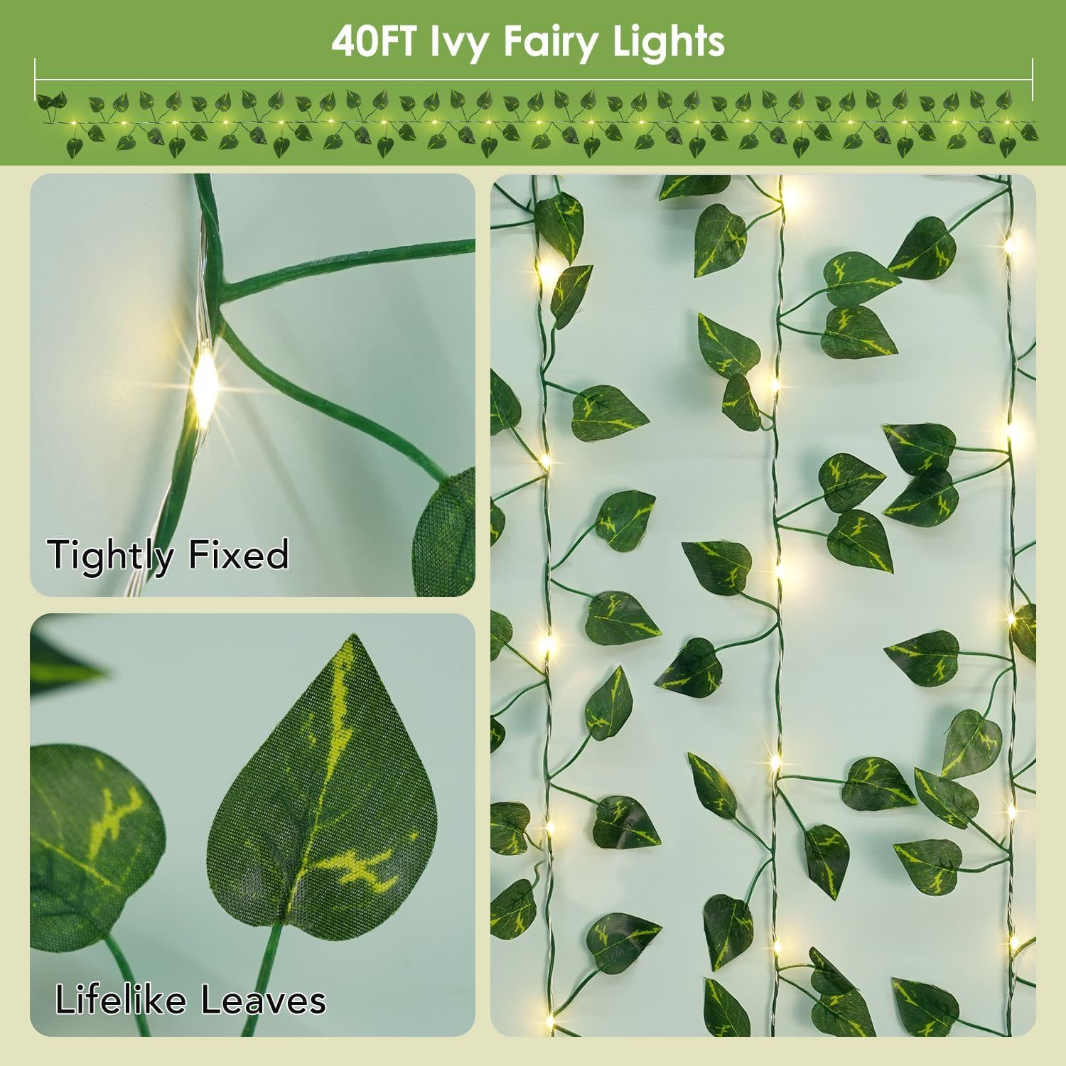 OMIKA Vine with Fairy Lights Battery Operated, 40FT 120LED Pothos String Lights with Remote, Pothos Leaf Lights for Bedroom, Wall, Garden, Party, Wedding Decor(Warm White)