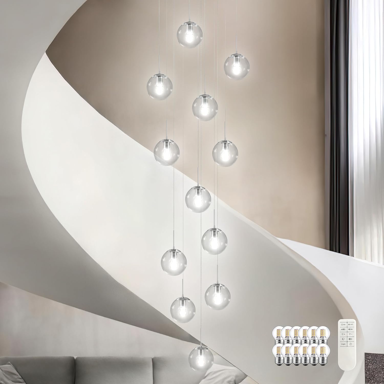 KoKo&Yukina 12-Light Nickel Mid Century Modern Chandelier for Living Room Staircase Chandelier for Entryway Clear Globe Glass Chandelier High Ceiling Chandeliers Foyer Entryway (Bulb & Remote Incl.)