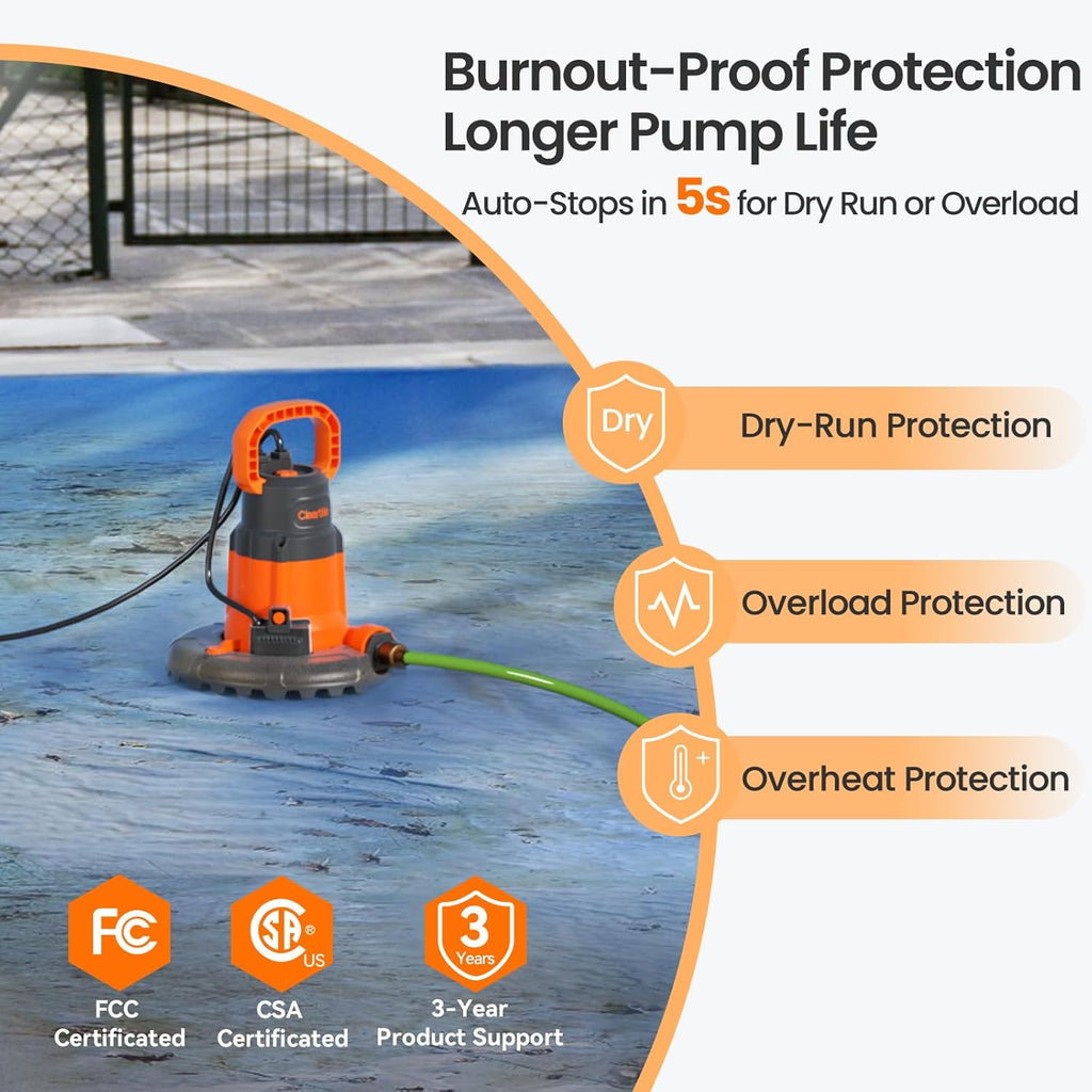 Cleartide 1/4 HP Automatic Pool Cover Pump, Smart Auto/Flexible Manual Mode,120V AC, 2160 GPH Pump for Inground or Above Ground Swimming Pool Cover, Pond, Basement, Window Well, with 25ft Power Cord