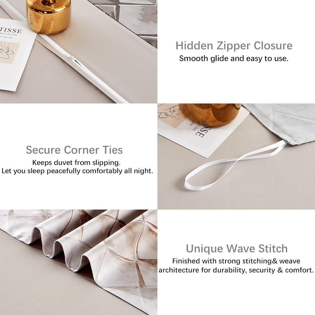 MILDLY 100% Long-Staple Cotton Duvet Cover Set Gray Beige Geometric Pattern Printed Comforter Cover 3pcs, Ultra Soft & Breathable Bedding Set