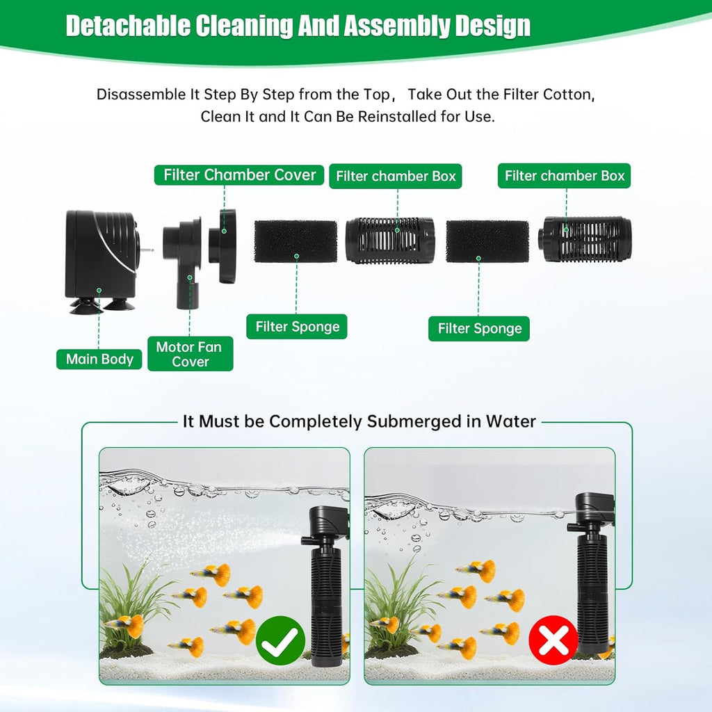 20W Submersible Aquarium Filter for 50–120 Gallon Fish Tanks, Quiet Operation Internal Pump, Energy Efficient, Easy to Install & Maintain, for Freshwater or Saltwater, Comes with Sponge Filter