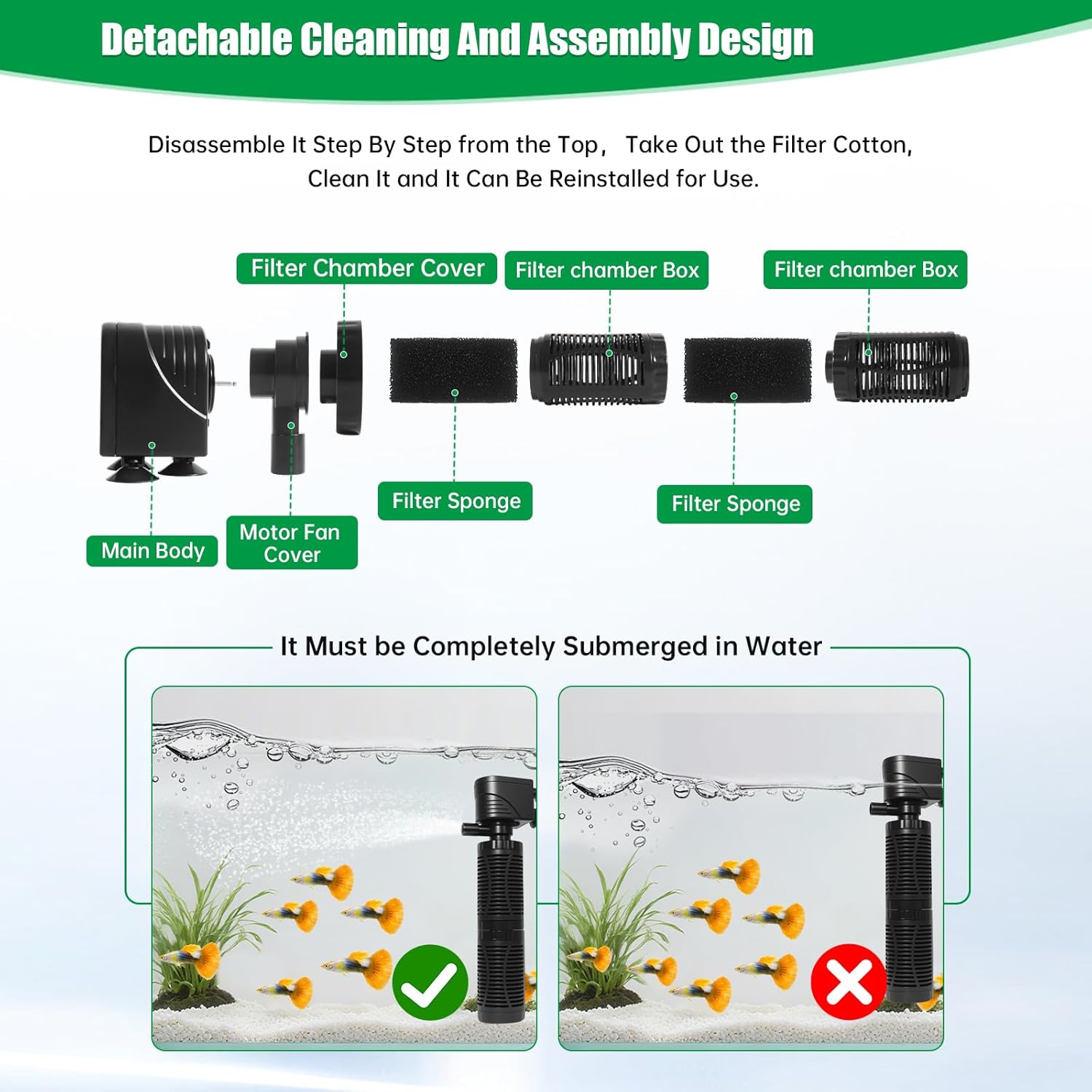 20W Submersible Aquarium Filter for 50–120 Gallon Fish Tanks, Quiet Operation Internal Pump, Energy Efficient, Easy to Install & Maintain, for Freshwater or Saltwater, Comes with Sponge Filter