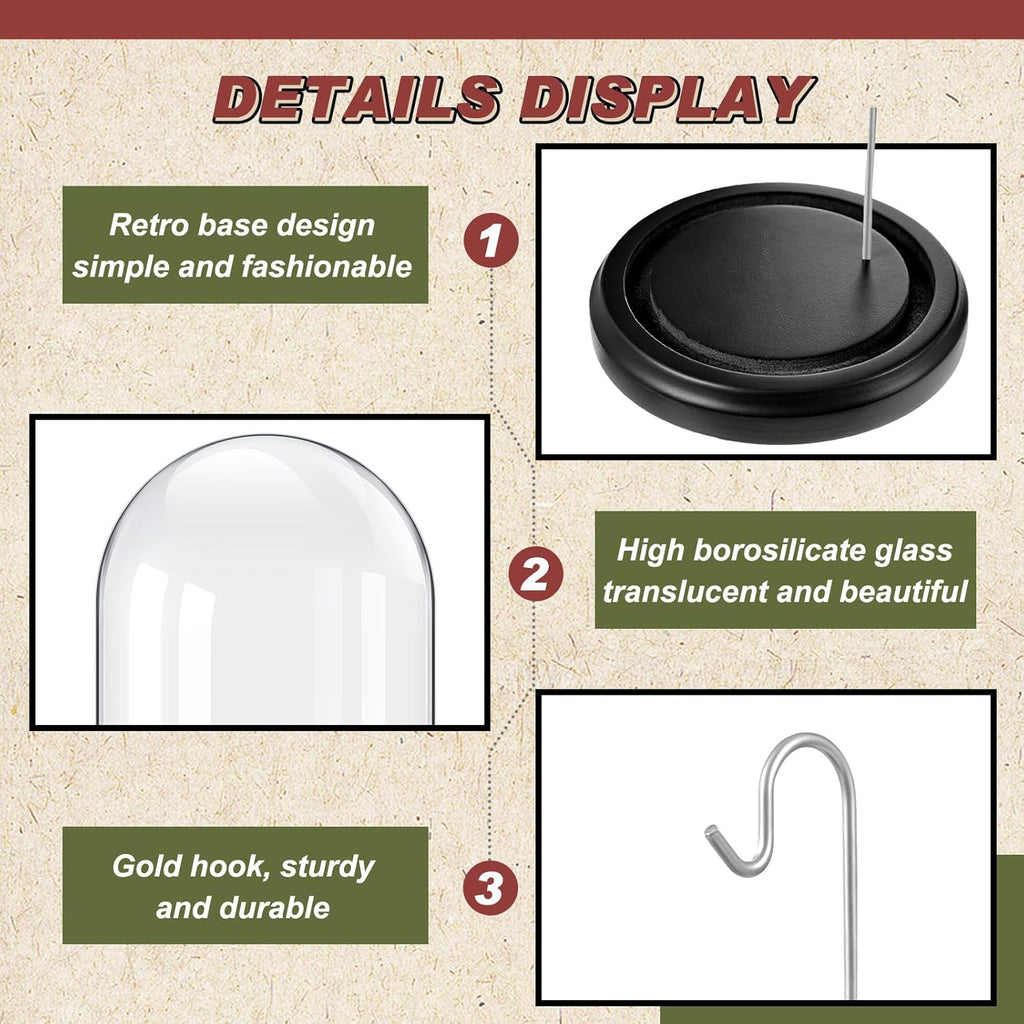 2 Pcs Pocket Watch Glass Display with Hooks Dome Cloche with Wood Base Decorative Glass Display Dome Showcase for Watch Plants Medals Photos Collectibles Dark MDF Base(3" X 4",Silver Hook)