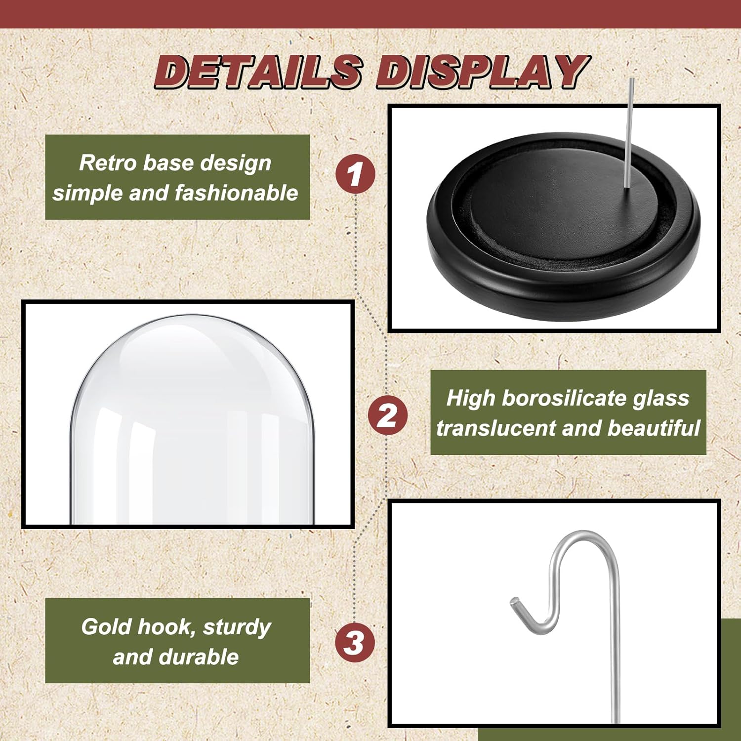 2 Pcs Pocket Watch Glass Display with Hooks Dome Cloche with Wood Base Decorative Glass Display Dome Showcase for Watch Plants Medals Photos Collectibles Dark MDF Base(3" X 4",Silver Hook)