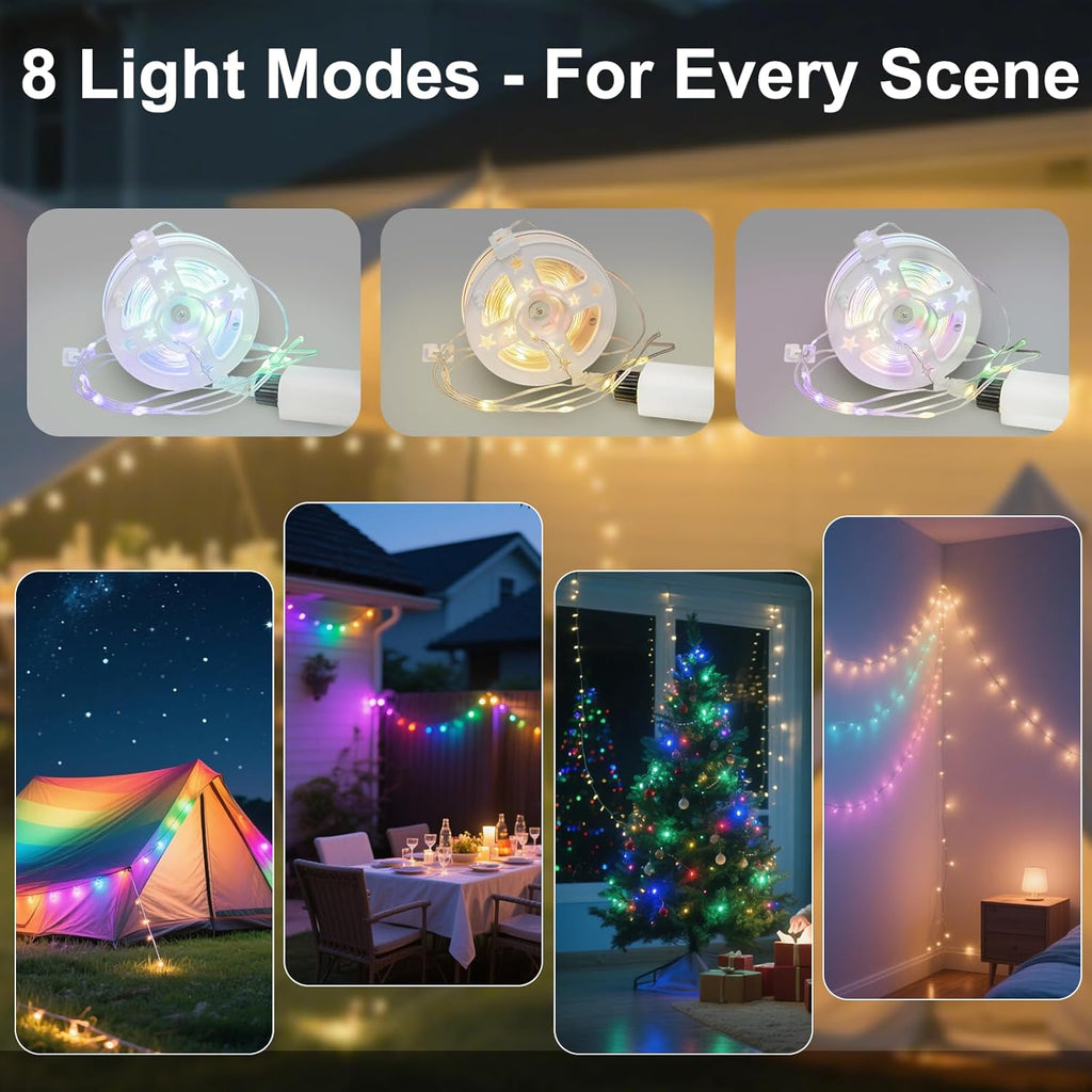 Moobibear Camping String Lights, Quick Storage, 99FT/300LED RGB Rechargeable Tent Lights String with USB 8 Lighting Modes, Hanging Waterproof Portable LED Lamp for for Camping Essentials, Yard, Party