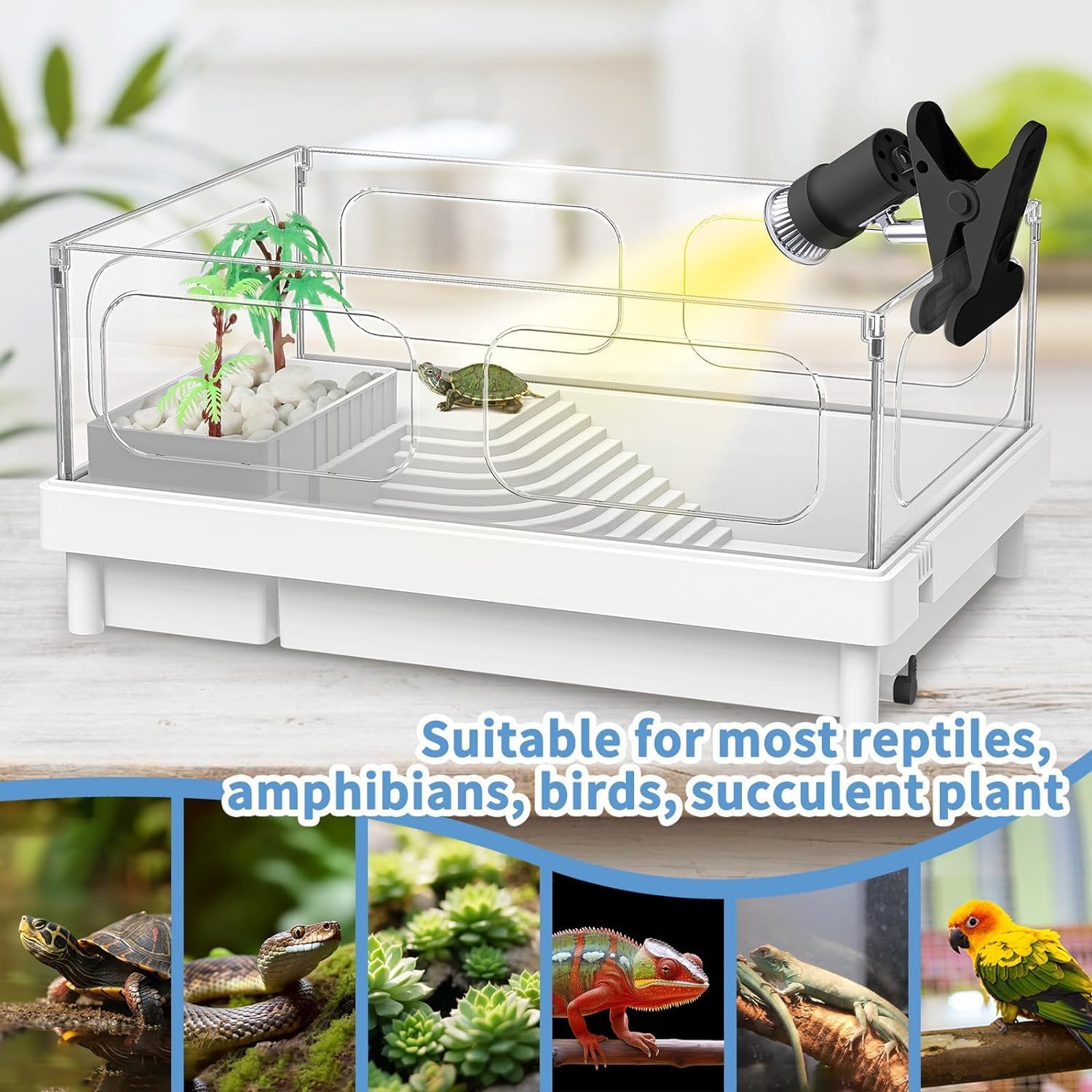 Reptile Heat Lamp, Rotatable UVA/UVB Light Lamp with 2PCS 50W Basking Bulbs, Suitable for Reptiles, Amphibians, Turtle, Lizard, Spiders, Birds, Snake (Black)