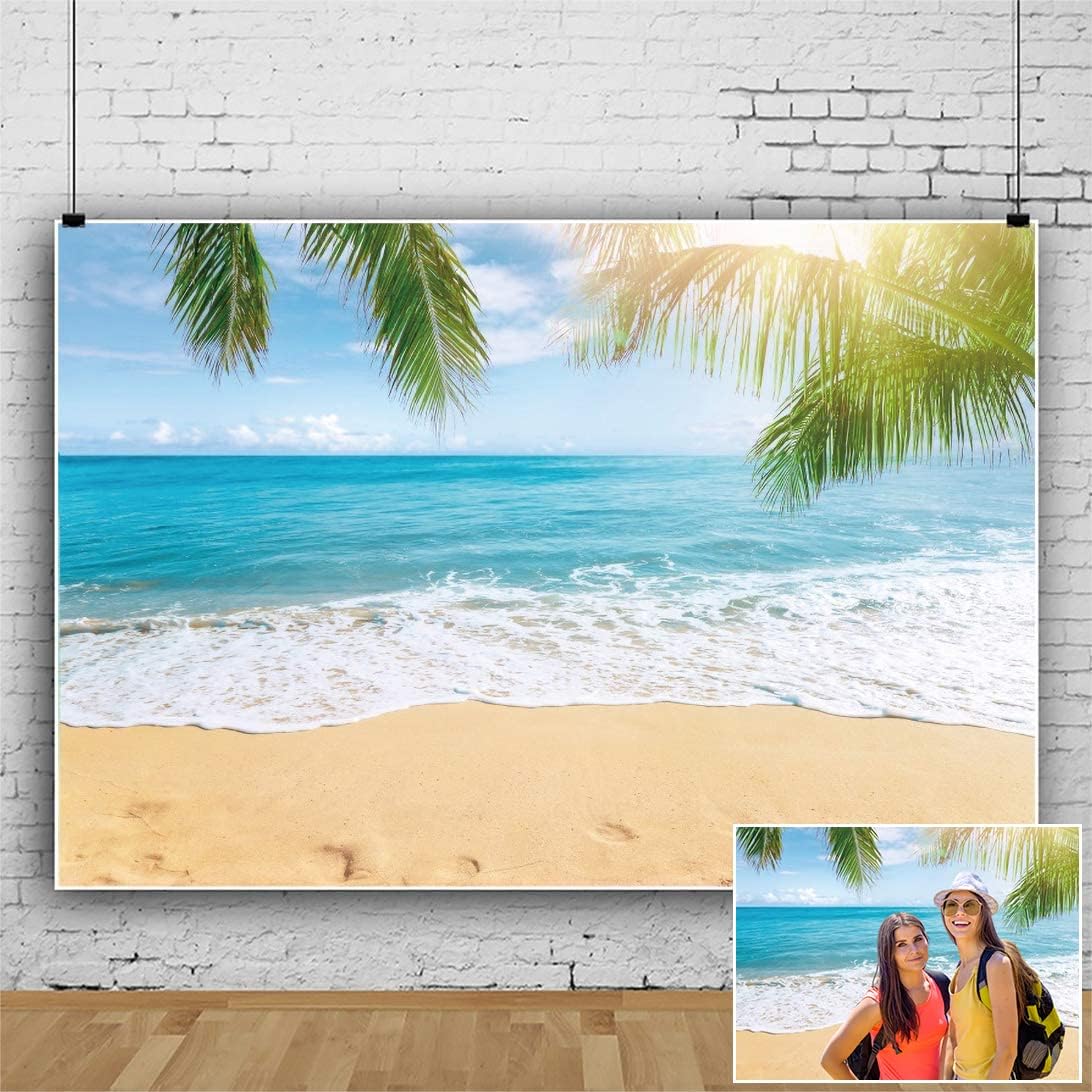 Leowefowa 10x8ft Sea Beach Backdrop Seaside Sand Beach Sea Wave Tropical Palm Leaf Photography Backdrops for Photo Shoots Holiday Party Adult Personal Portrait Photo Background Studio Props