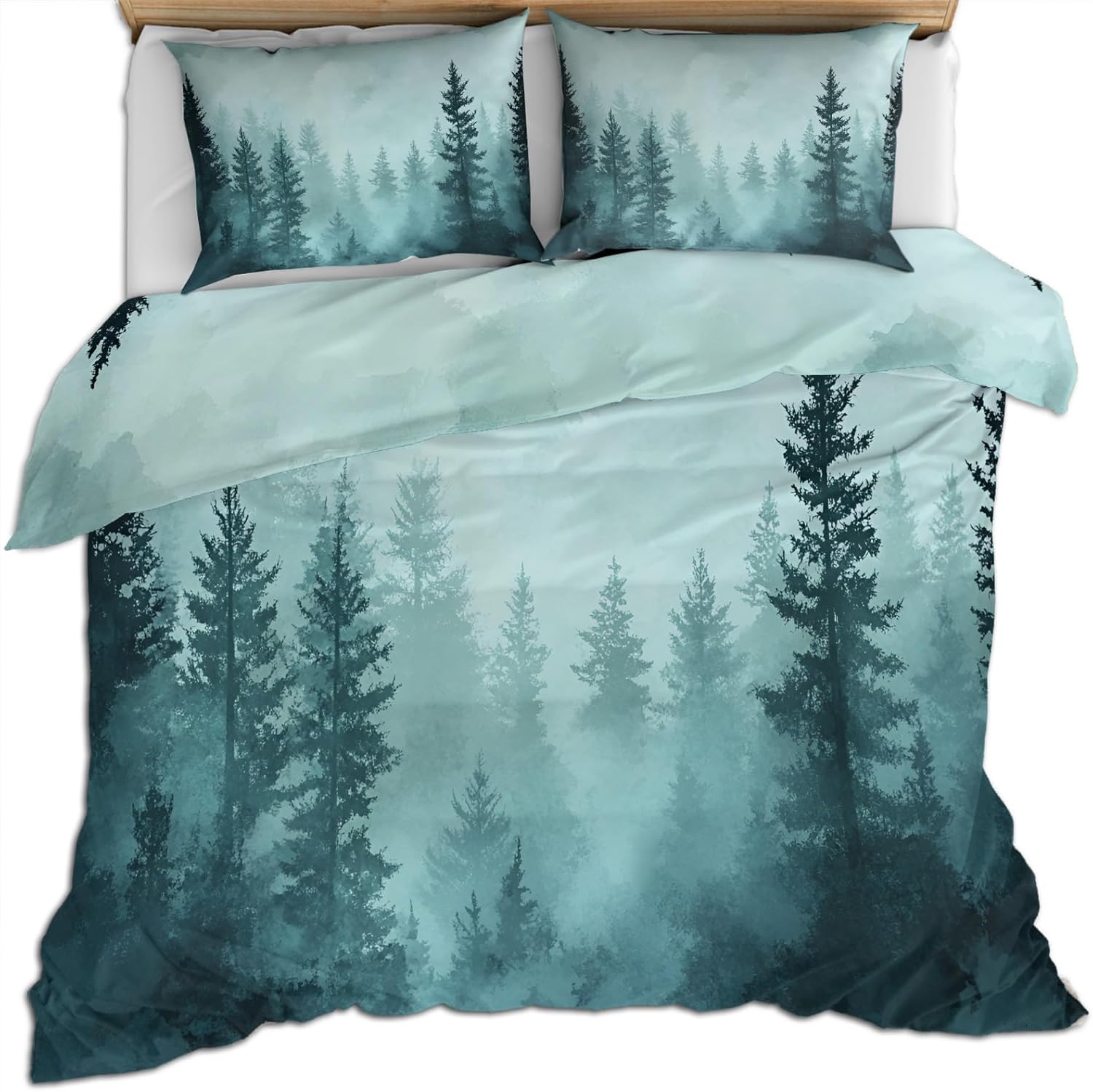Misty Forest Duvet Cover Twin Size, Watercolor Green Tree Bedding Set 2 Piece Kids and Adults Vintage Natural Comforter Cover and 1 Pillow Sham with Zipper Closure