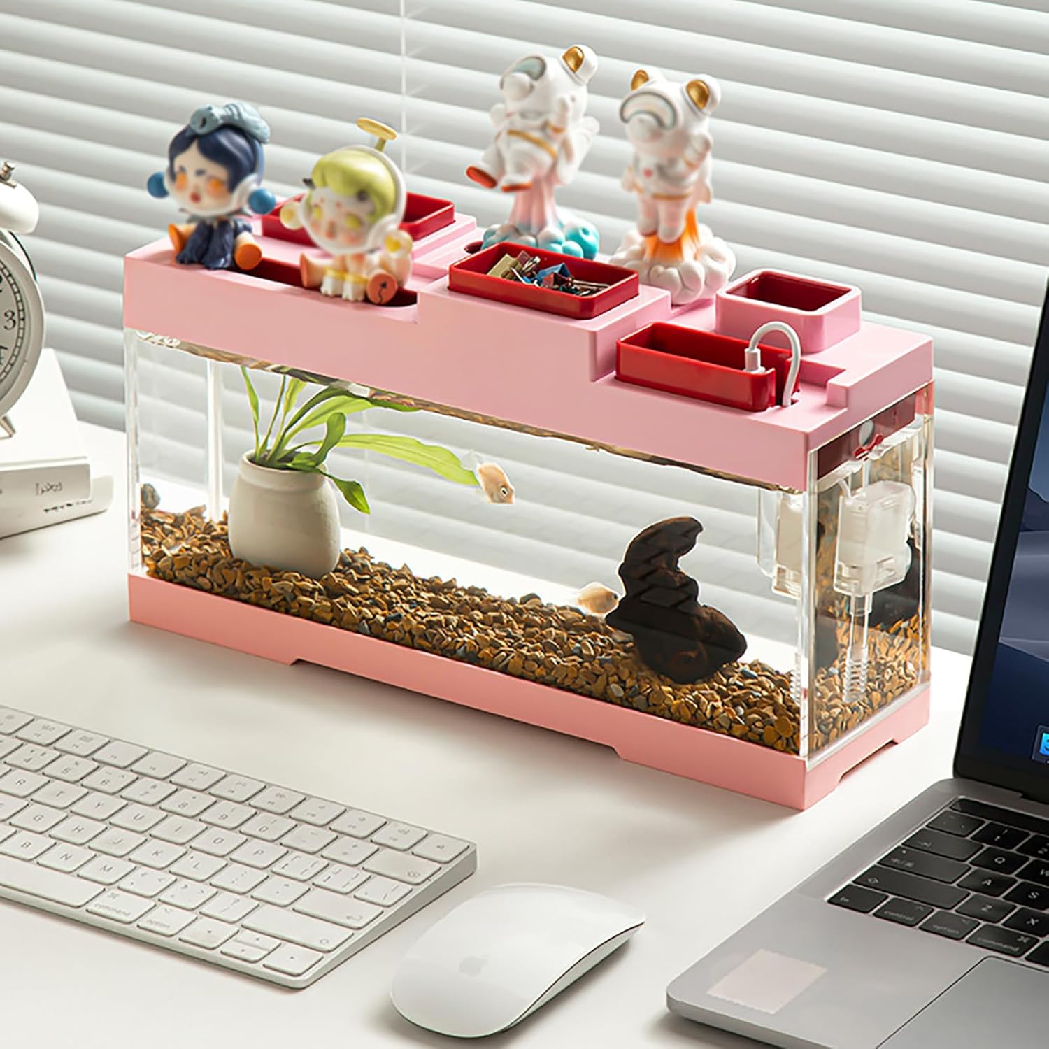 Tabletop Storage Fish Tank, 1Gal Modern Acrylic Betta Fish Tank Aquarium Kit with LED Lighting Desktop Acrylic Fish Tank Narrow Tabletop Fish Tanks for Home Office Decor, Bedrooms (Pink)