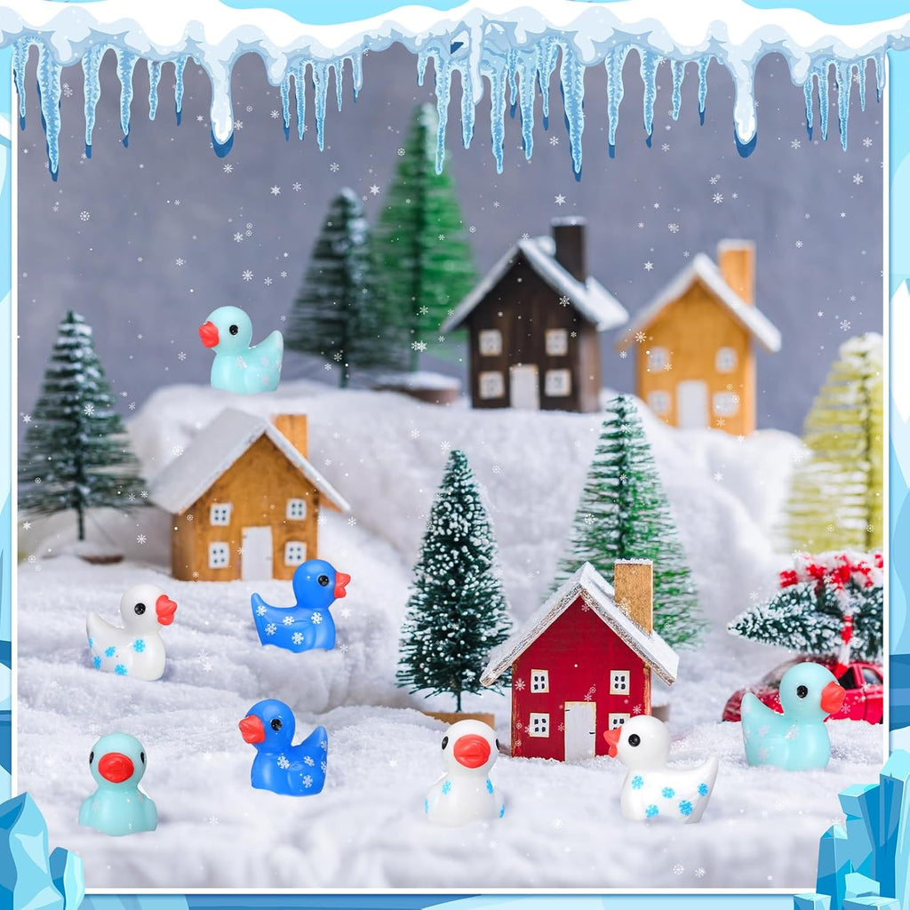 Realspring 100 Winter Mini Resin Snowflake Ducks Tiny Duck Figurines Bulk Cute Figures for Winter Christmas Miniature Landscape Garden Accessories Ornament Dollhouse Birthday Decor Party Favors
