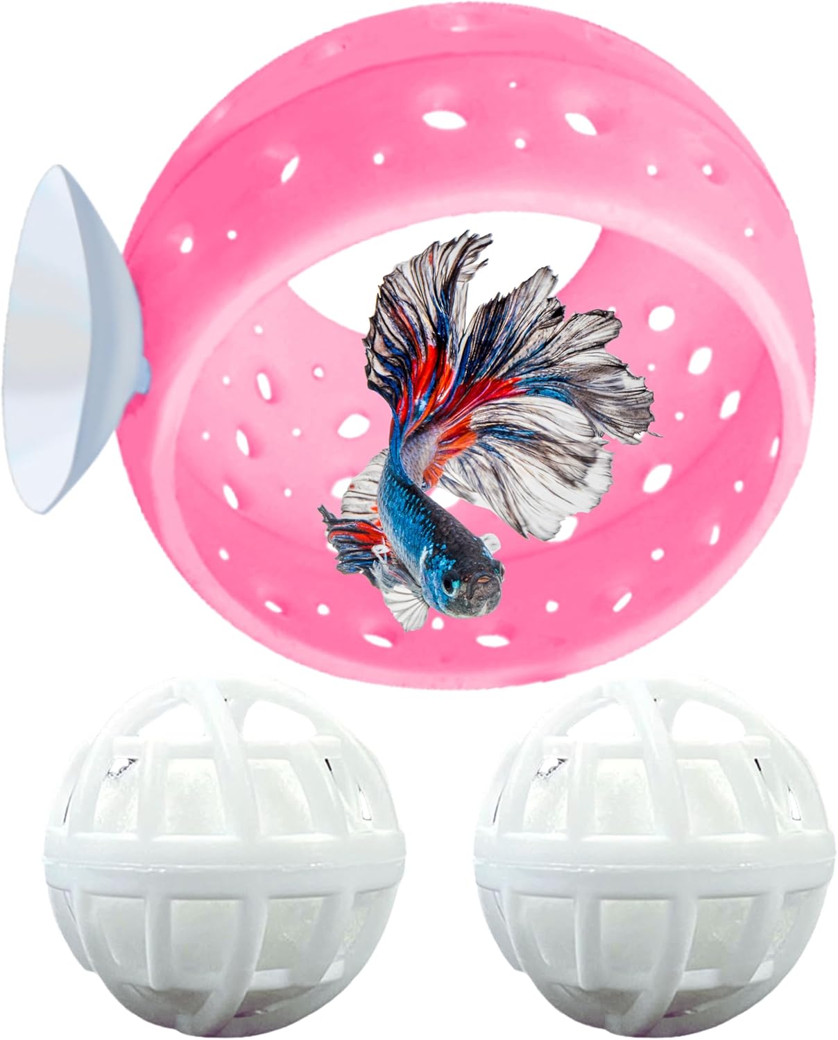 Betta Hideout Resting Spot with Filter Ball, Betta Fish Hides and Nitrifying Balls, Hammock Float Aquarium Accessories, Aquatic Tunnel with Suction Cups, Fish Tank Decorations, Aquarium Decor (Pink)