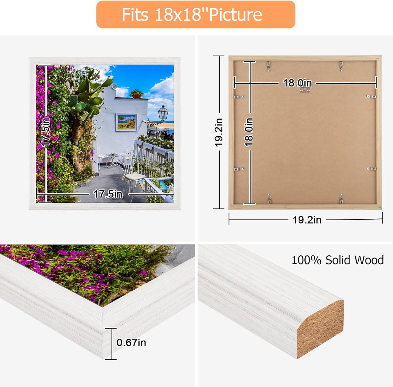 18x18 Wood Frame White, Modern Natural Woodgrain 18x18in Picture Frame, Rustic Wooden 18 x 18 inch Gallery Wall Photo Poster Frame with HD Plexiglass, Horizontal Vertical Wall Mounting Display 1pcs