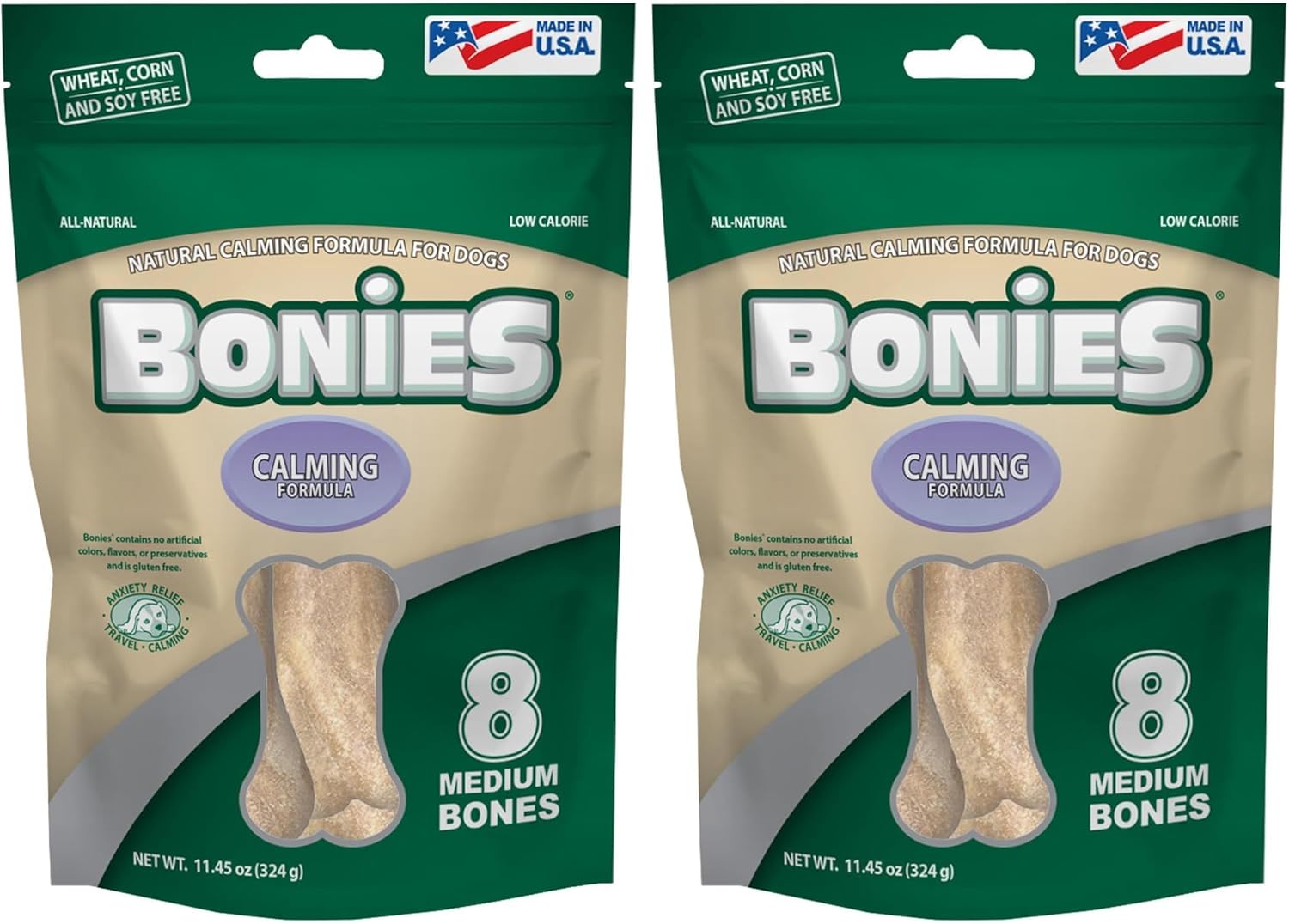 Bonies Natural Calming Formula Medium-Sized Single Bone - Contains Chamomile & Lavender, Help Anxiety, Excessive Barking & Trembling, Chicken Flavor, [Medium Dog], 8 Bones (Pack of 2)