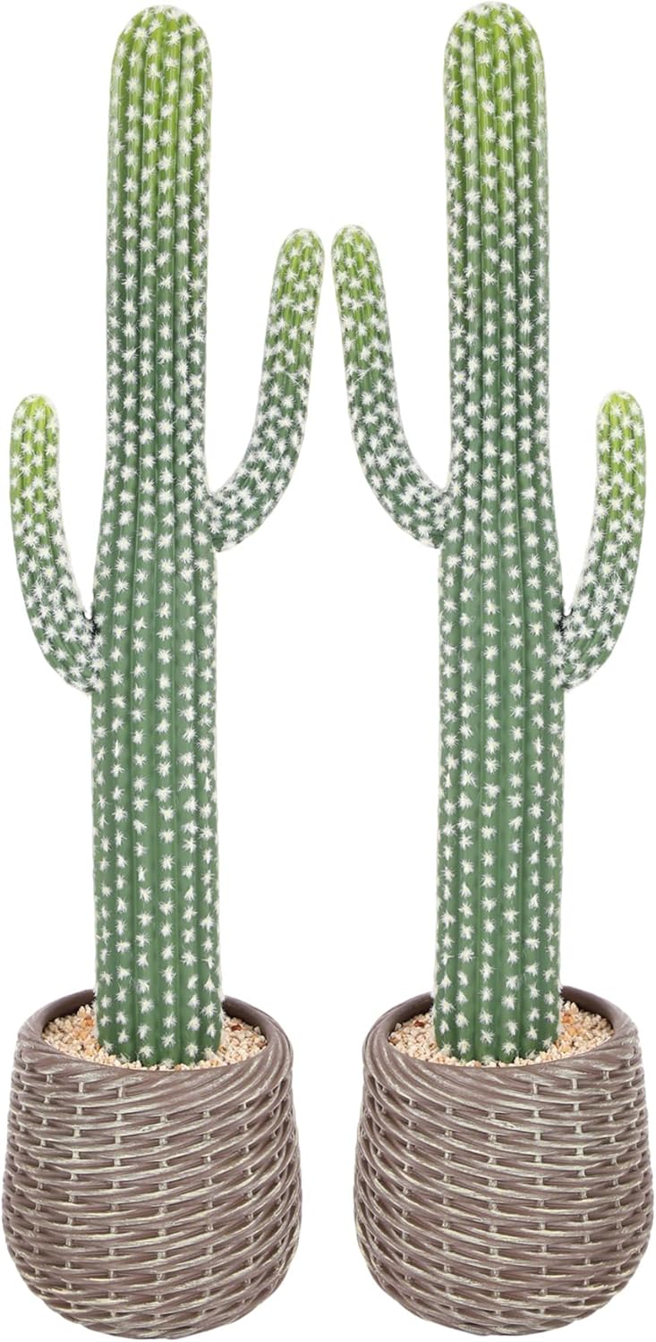 bellacat 32in UV Resistant Fake Cactus with Brown Decorative Pot, Realistic Faux Cactus Plants Indoor, Artificial Cacti for Table Living Room Office Porch Home & Outdoor Decor, 2 Pack