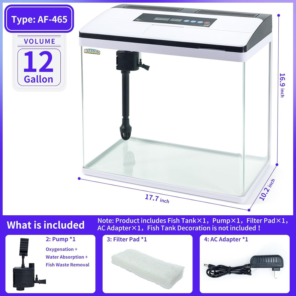12 Gallon Fish Tank Starter Kit with Eco-Cycle Filtration, 7-Color LED Light & Air Pump. Features 360° Crystal View, Temp/Time Display, Quiet Aquarium Kit for Betta & Freshwater Fish.