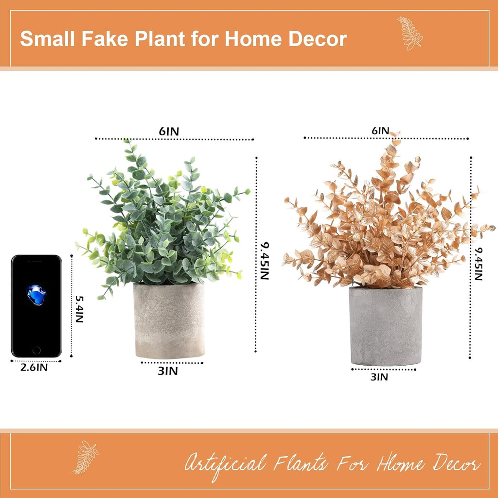 2 Pack Gold Eucalyptus Small Fake Plants Potted Artificial Plants for Christmas Decorations Shelf Desk Home Farmhouse Room Coffee Table Bathroom Decor