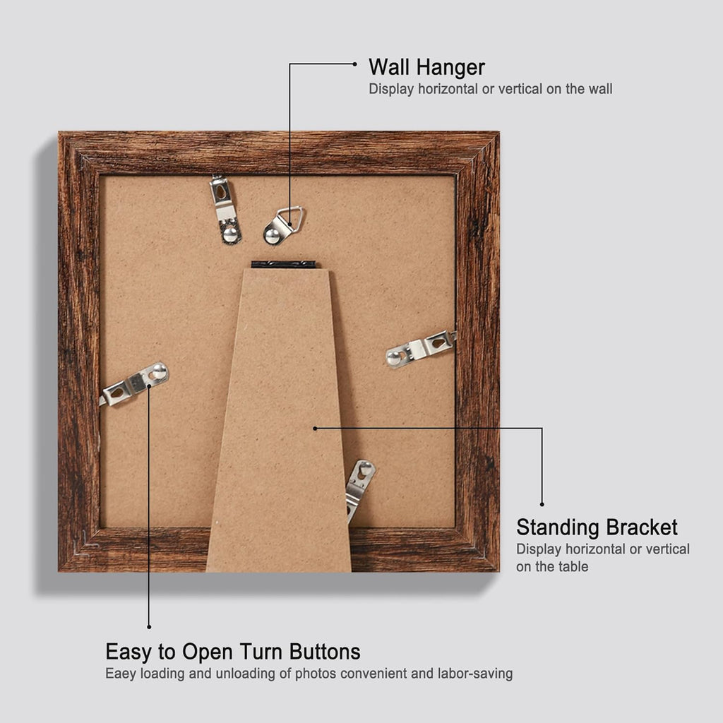 6x6 Picture Frame Set of 4, Made of Glass and Rustic Brown Wooden Frame - Display Picture 4x4 with Mat or 6 x 6 Without Mat, 6x6 Photo for Wall or Tabletop