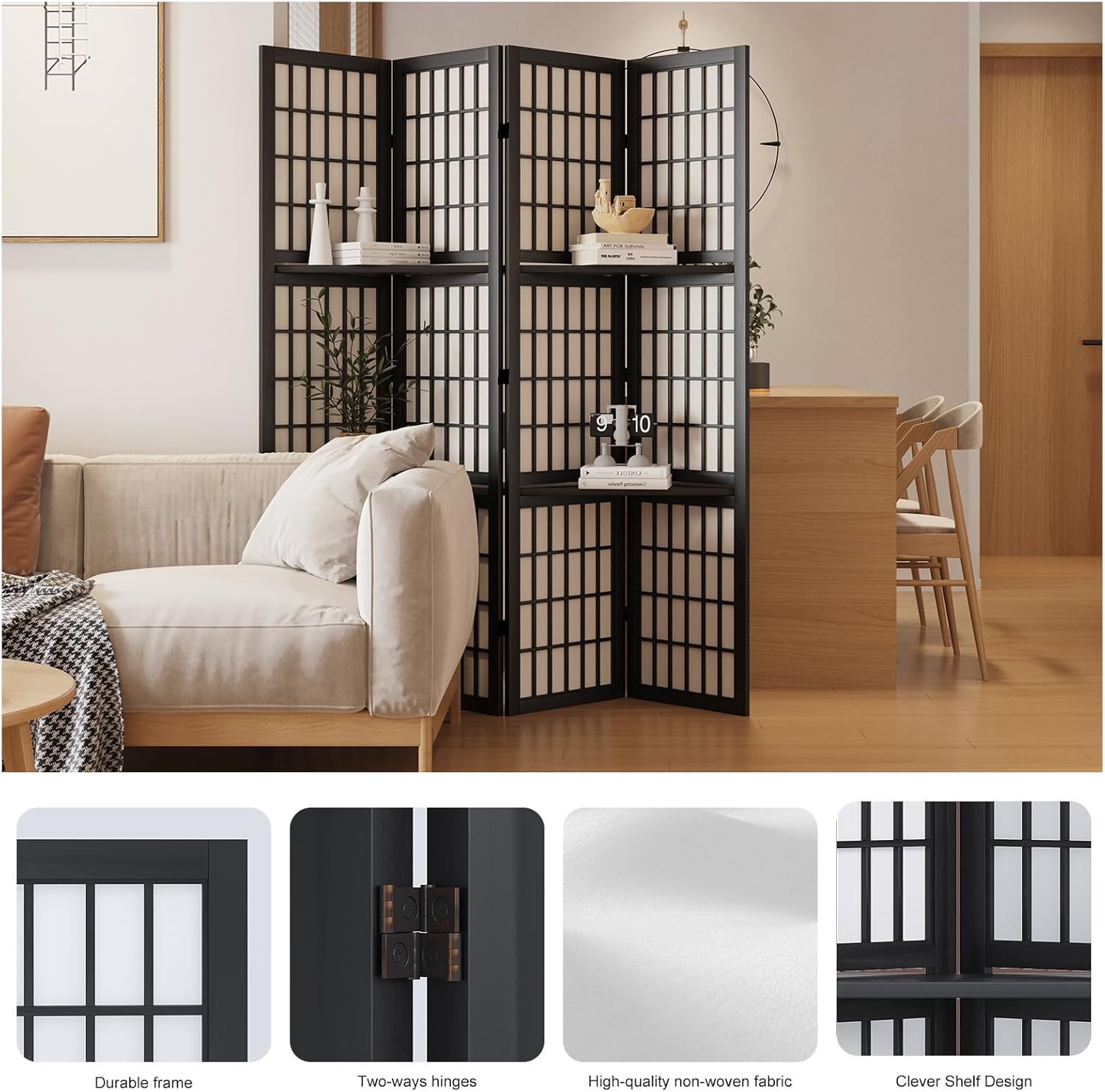 Room Divider with Shelves, 66.9-Inch Tall Japanese Shoji Style Wood Screen with Double Hinges for Home Office Bedroom Hotel Decoration (4 Panels, Black)