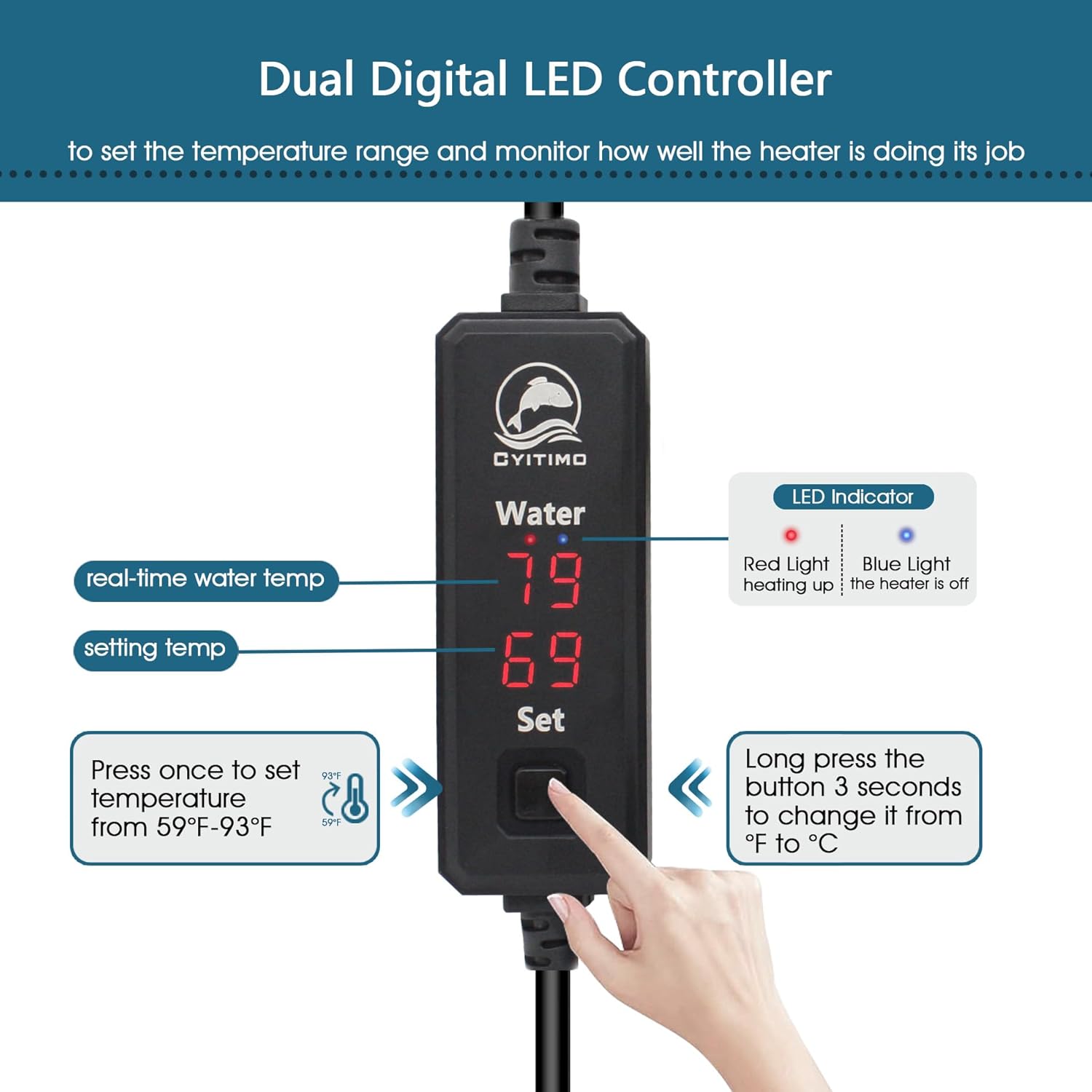 Small Aquarium Heater 100W Submersible Fish Tank Heater for 10-25 Gallons, Dual LED Display Temperature Controller, Suitable for Saltwater and Freshwater, Mini Water Heater for Betta/Turtle Tank