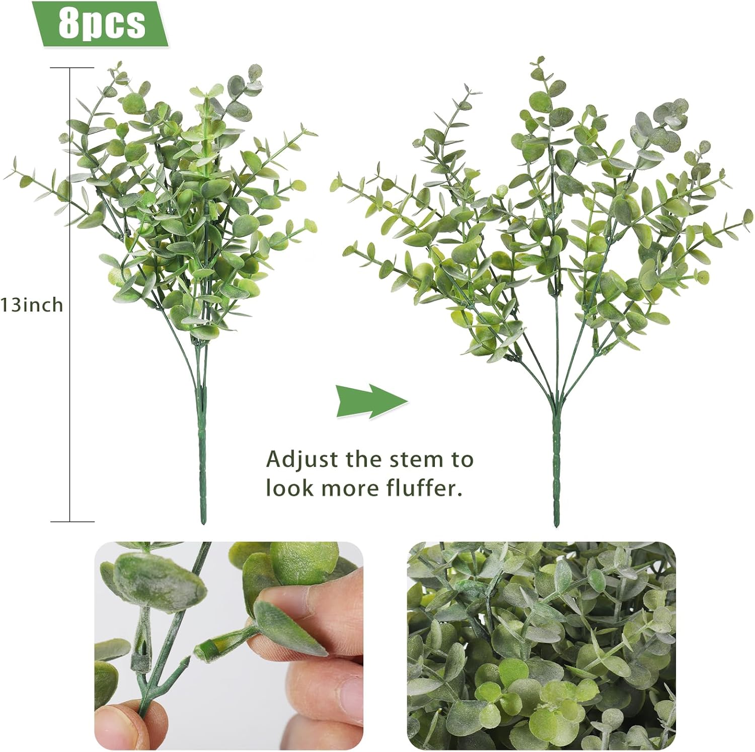 RECUTMS 8 Bundles Artificial Greenery Plants Stems Outdoor Fake Eucalyptus Plants Boxwood Bushes for Farmhouse Bathroom Office Vase Centerpiece Indoor Outdoor Decoration(Dusty Green)