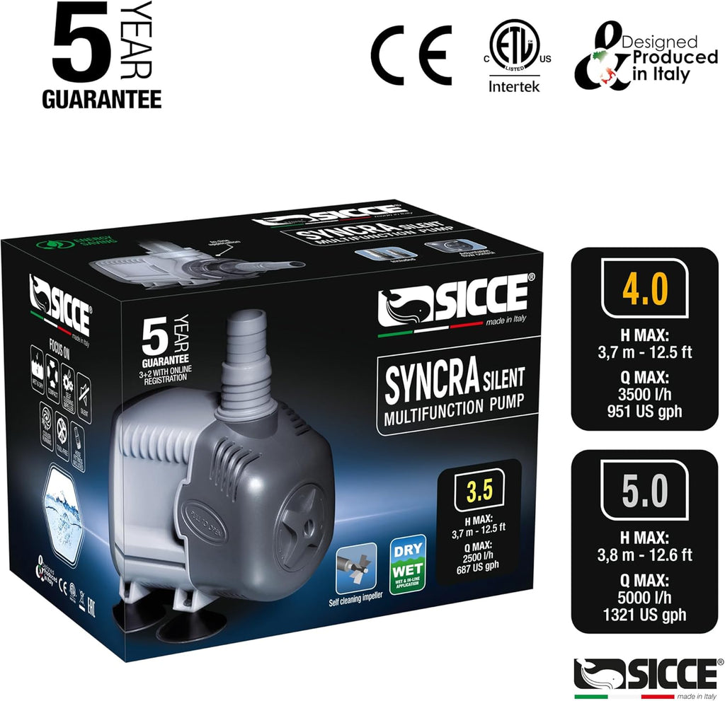 SICCE Syncra Silent 3.5 Multifunction 687 GPH Submersible Water Pump | Italian Made 68W Ultra Quiet Durable Aquarium Fish Tank, Fountain, Pond, Hydroponics, Terrarium Black | Freshwater & Saltwater