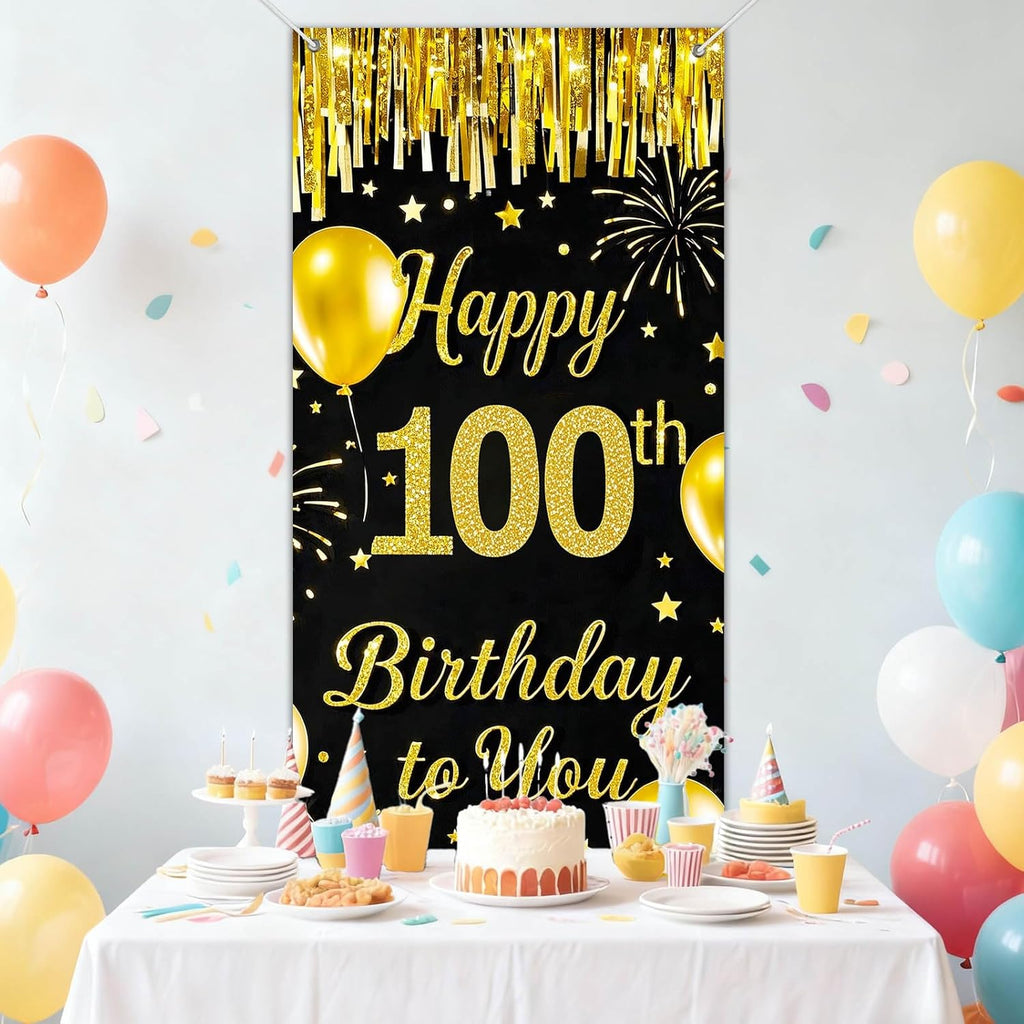IVN 100th Birthday Door Cover 71x35 Inch Black Gold Birthday Banner for Party Decorations Balloons Stars Fireworks Backdrop Sign for Men Women Photo Booth Prop Wall Decor