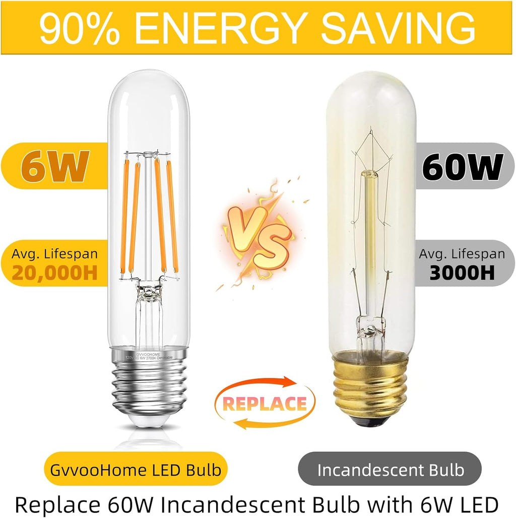 Tubular Light Bulb,T10 E26 LED Bulb Dimmable 2700K Warm White, 6W, 60 watt Equivalent, e26 Edison Bulbs for Chandeliers, Ceiling Fan, 90+CRI 600LM, 6 Pack