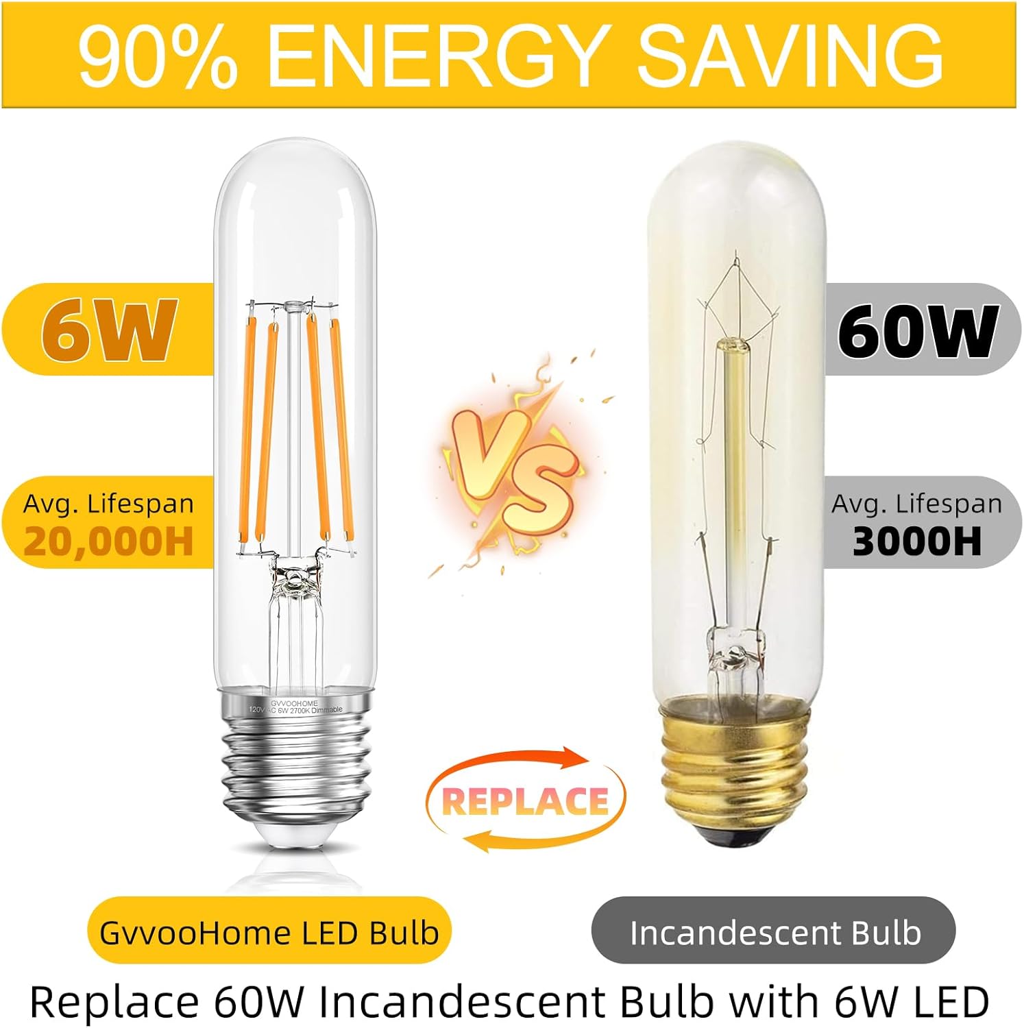 Tubular Light Bulb,T10 E26 LED Bulb Dimmable 2700K Warm White, 6W, 60 watt Equivalent, e26 Edison Bulbs for Chandeliers, Ceiling Fan, 90+CRI 600LM, 6 Pack