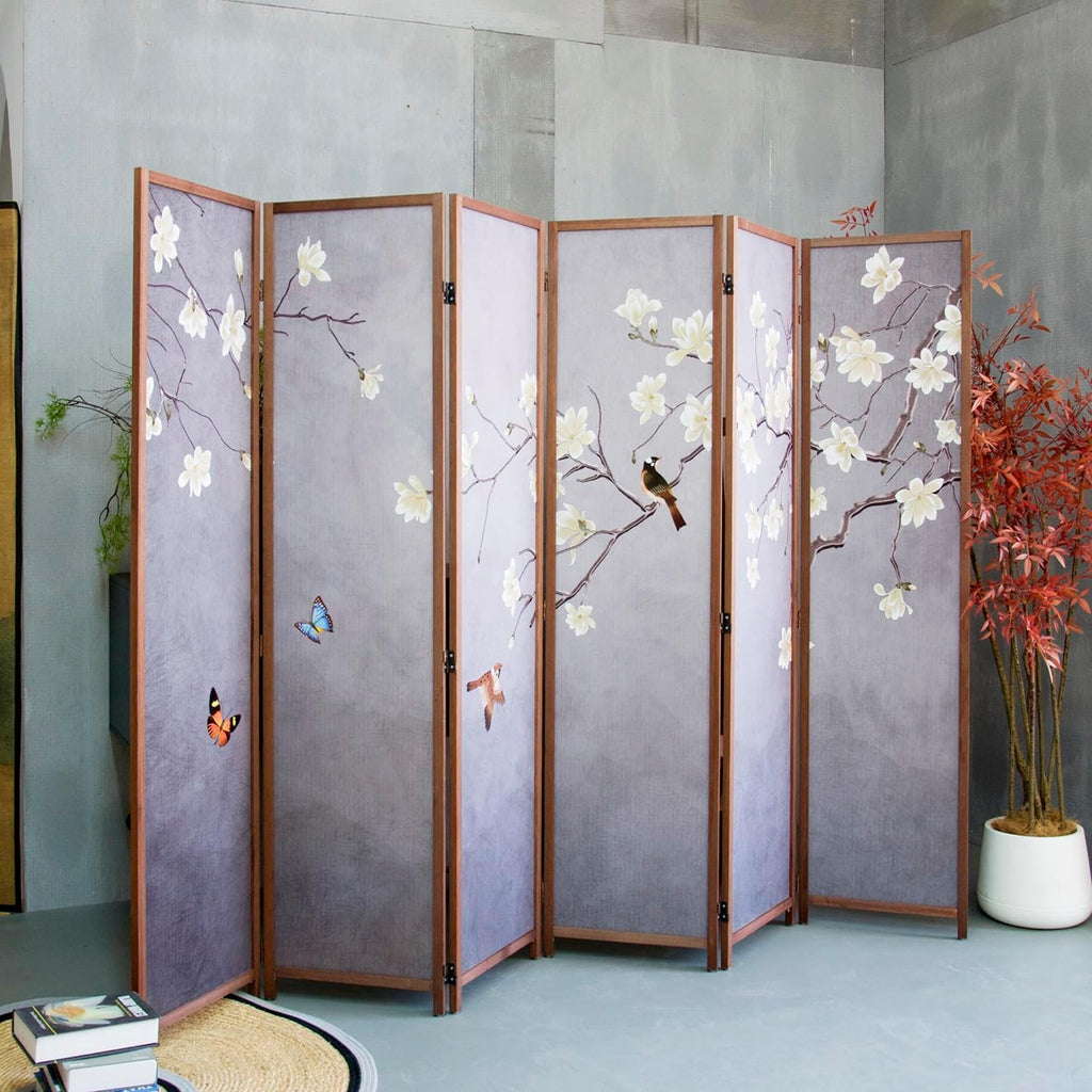 6 Panel Room Divider Screen,Double Faced Blackout Panel Divider Folding Panel Screen Divider for Room Separation,Magnolia and Plums,67" H x 94.5" W