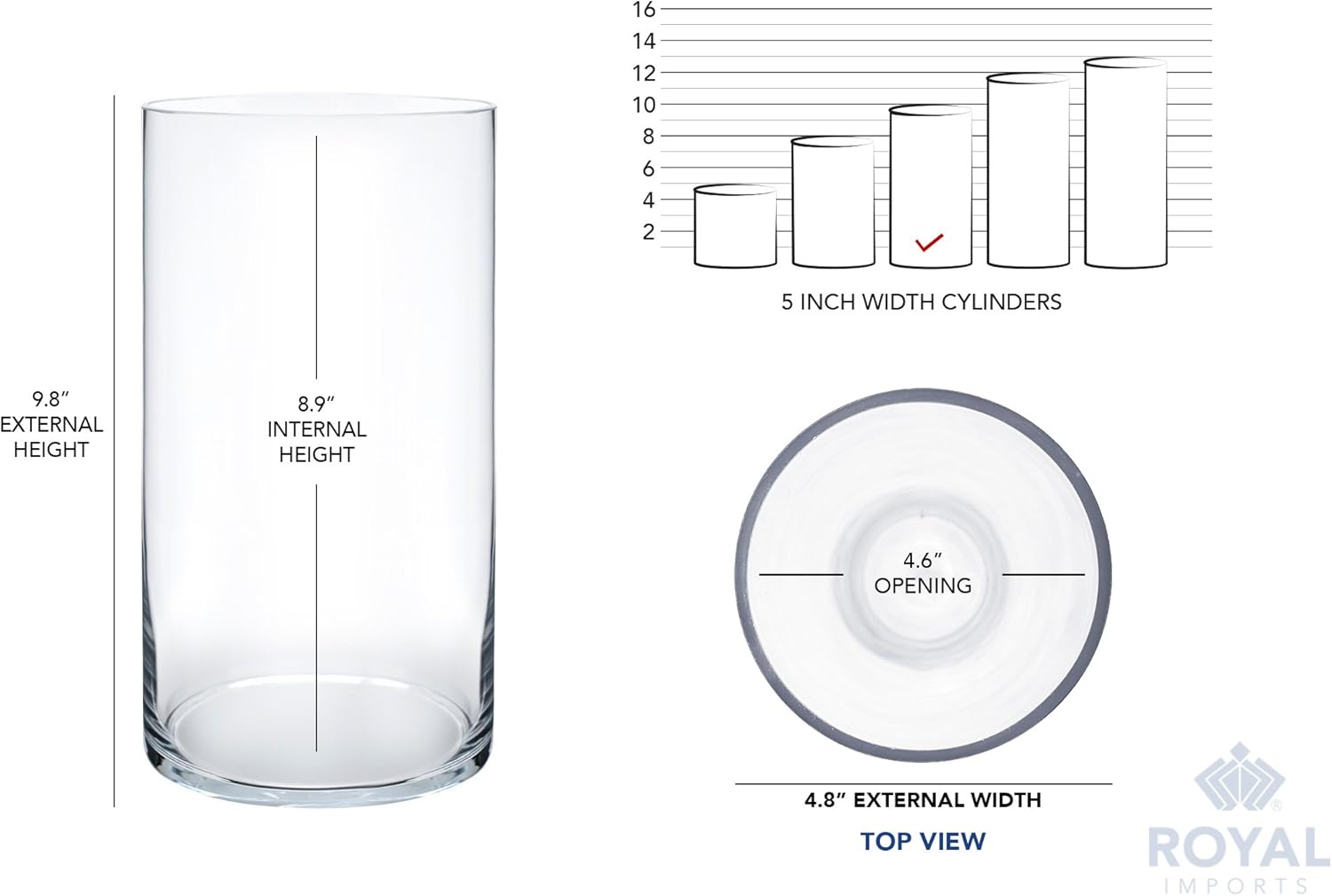 Royal Imports Flower Glass Vase Decorative Centerpiece for Home or Wedding - Cylinder Shape, 10" Tall, 5" Opening, Clear