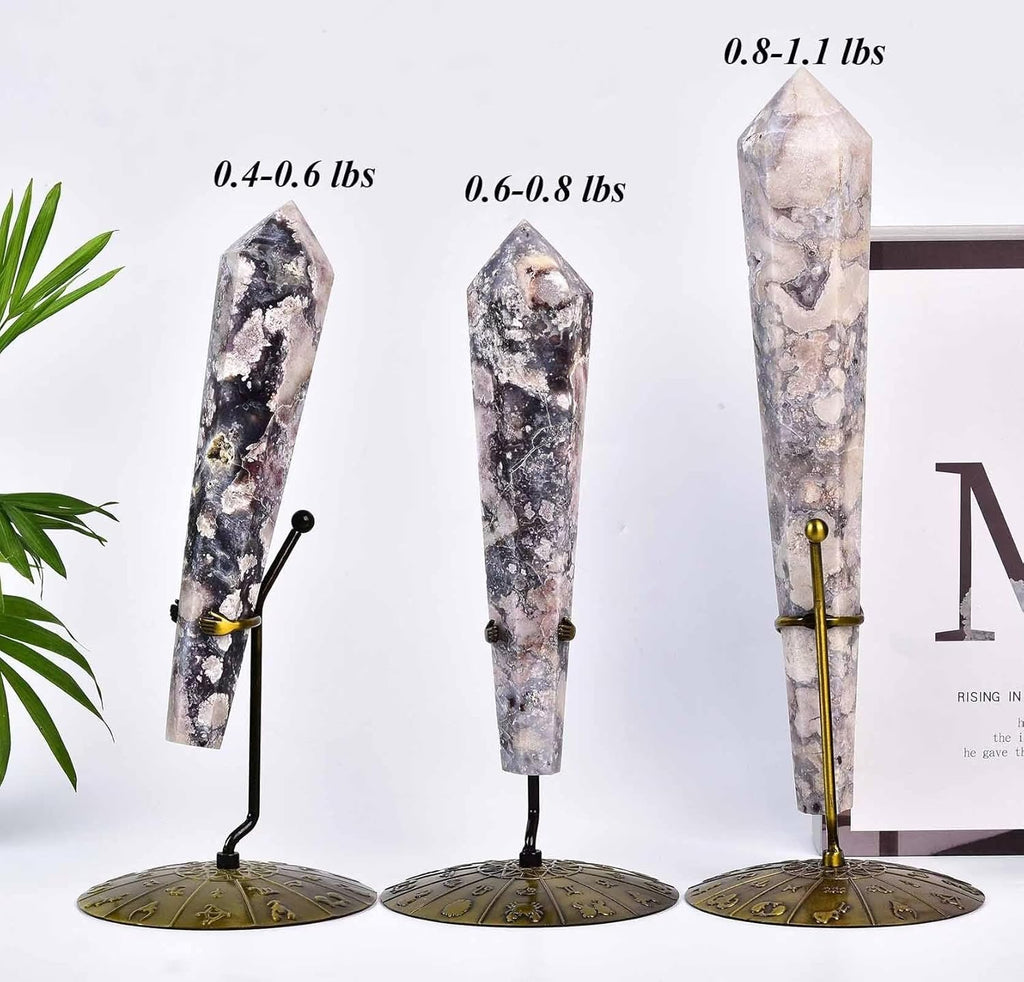 Blue Flower Agate Wand Point Long Healing Crystal Scepter Decorative Stone Reiki Meditation with Display Stand Home Office Decor 0.4-0.6LBS
